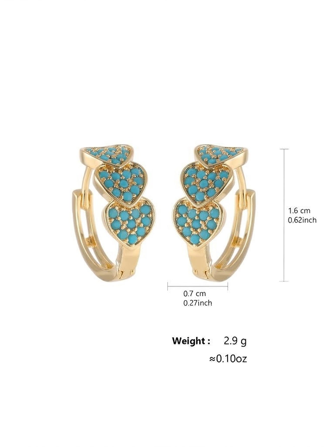 1 Pair Womens Gold Triple Heart Blue Hoop Earrings