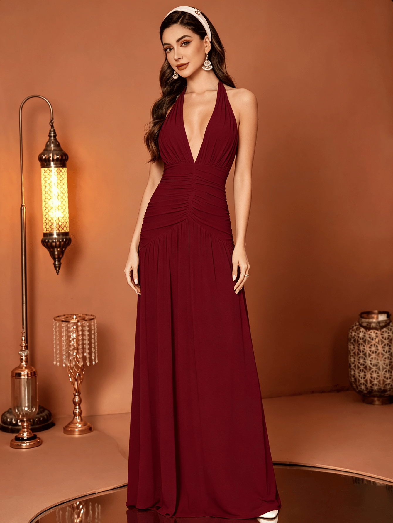 Burgundy Solid Halter Ruched A-Line Maxi Dress