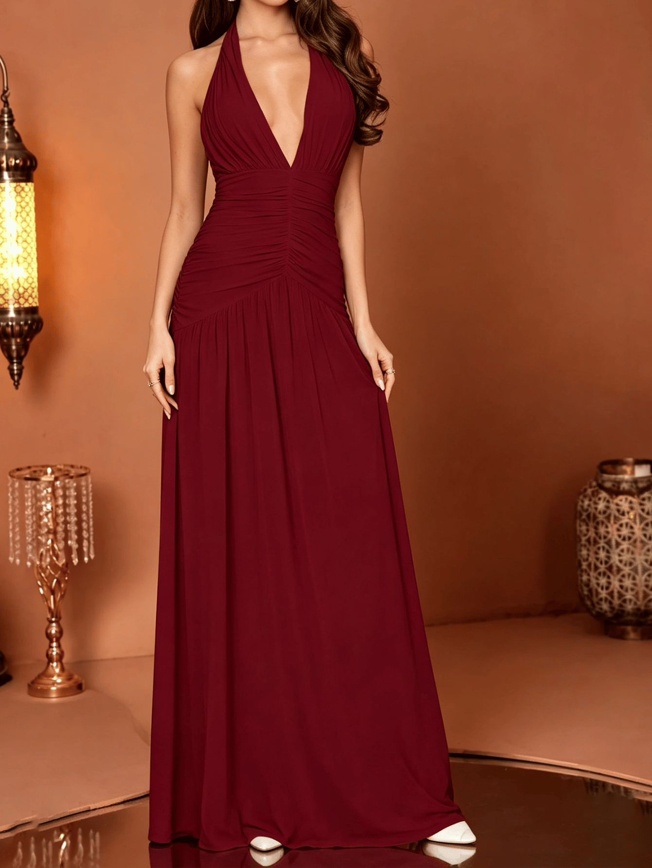 Burgundy Solid Halter Ruched A-Line Maxi Dress