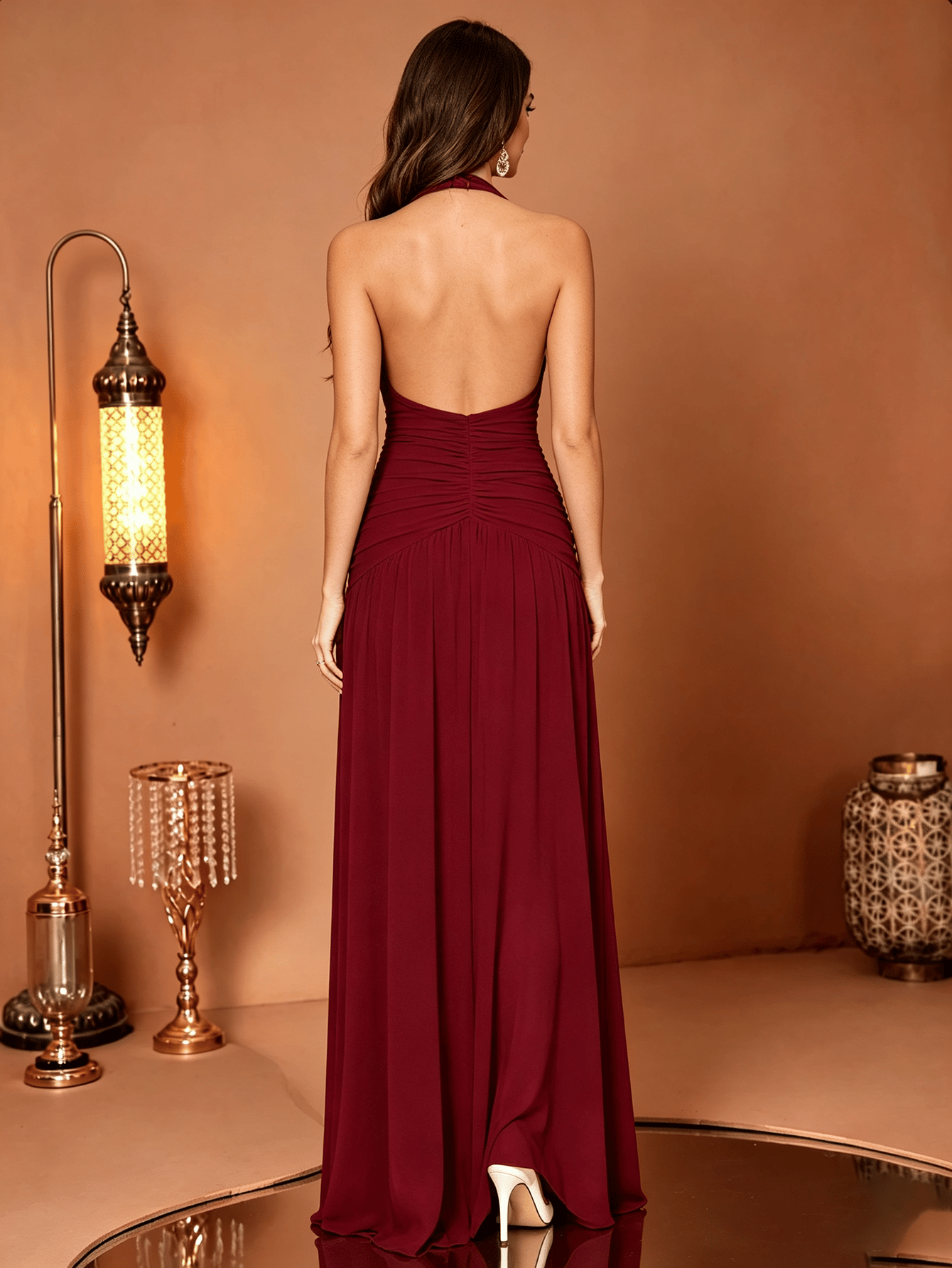 Burgundy Solid Halter Ruched A-Line Maxi Dress