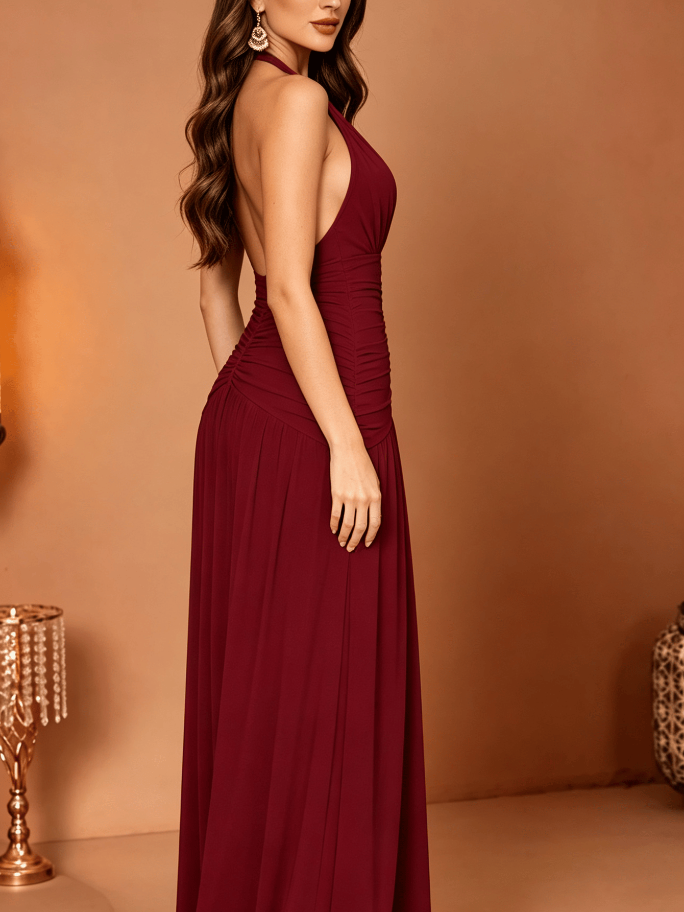 Burgundy Solid Halter Ruched A-Line Maxi Dress