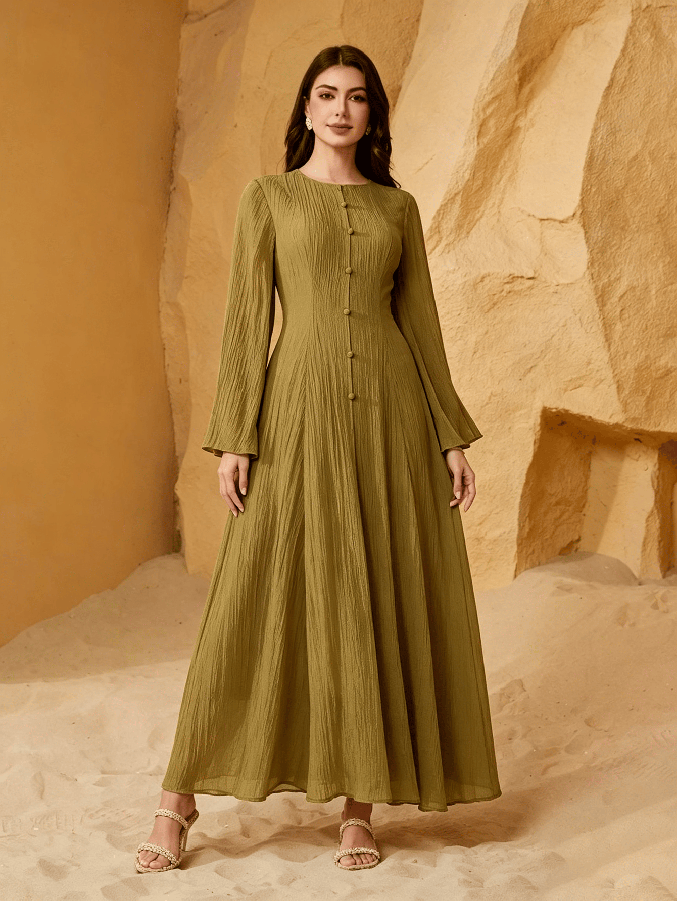 Olive Solid Textured Long Sleeve A-Line Maxi Dress