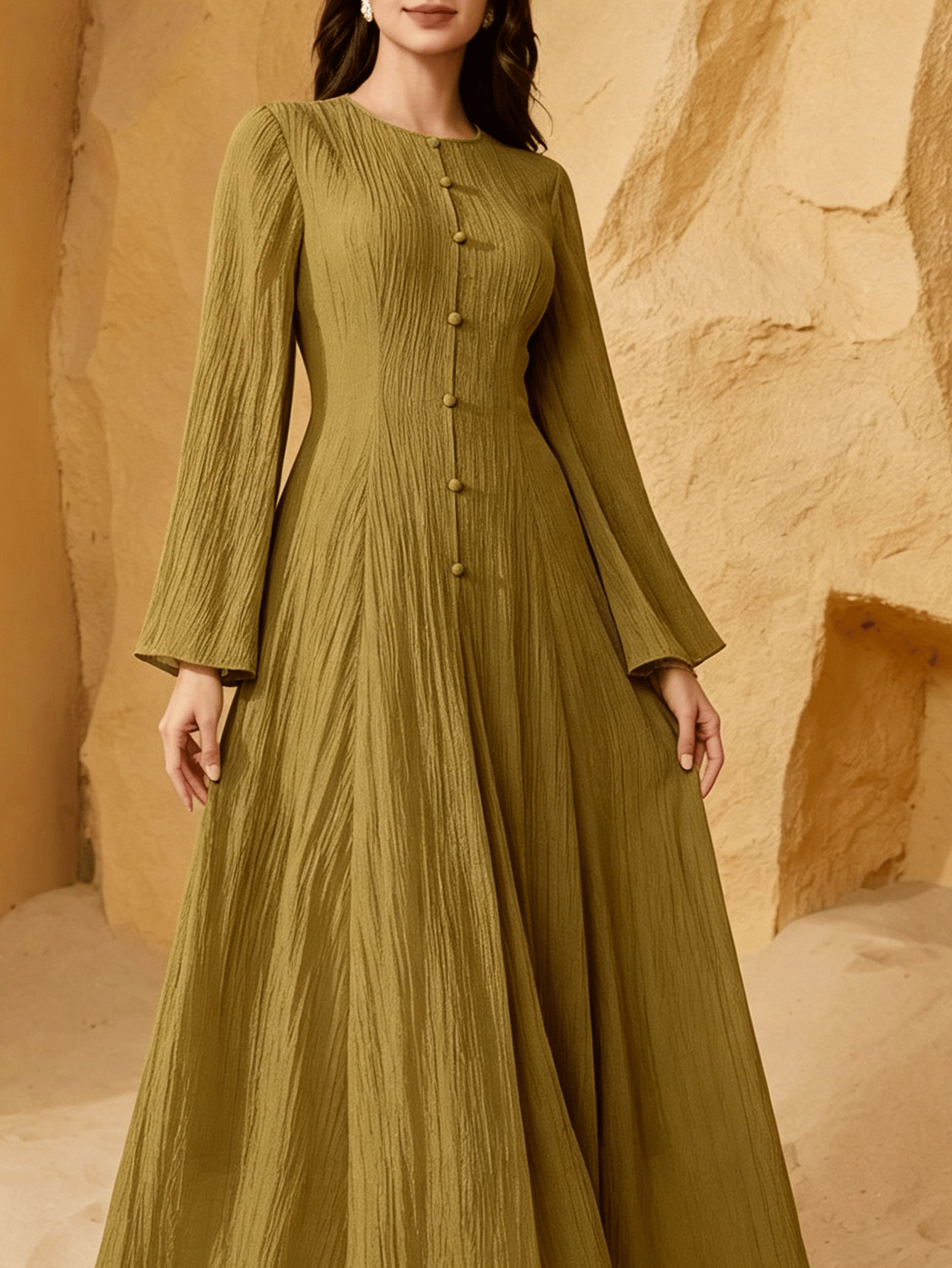 Olive Solid Textured Long Sleeve A-Line Maxi Dress