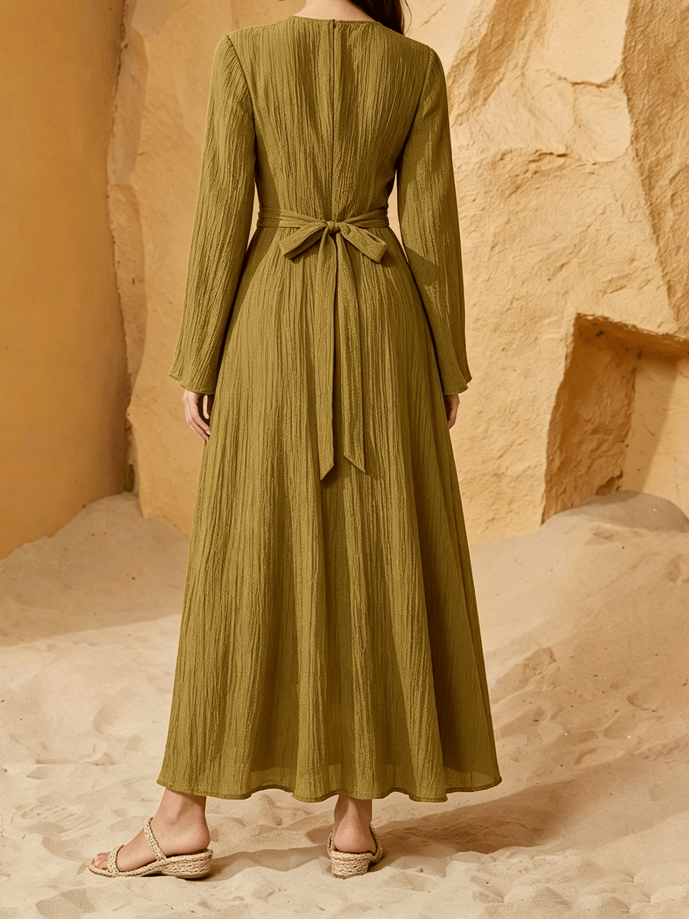 Olive Solid Textured Long Sleeve A-Line Maxi Dress