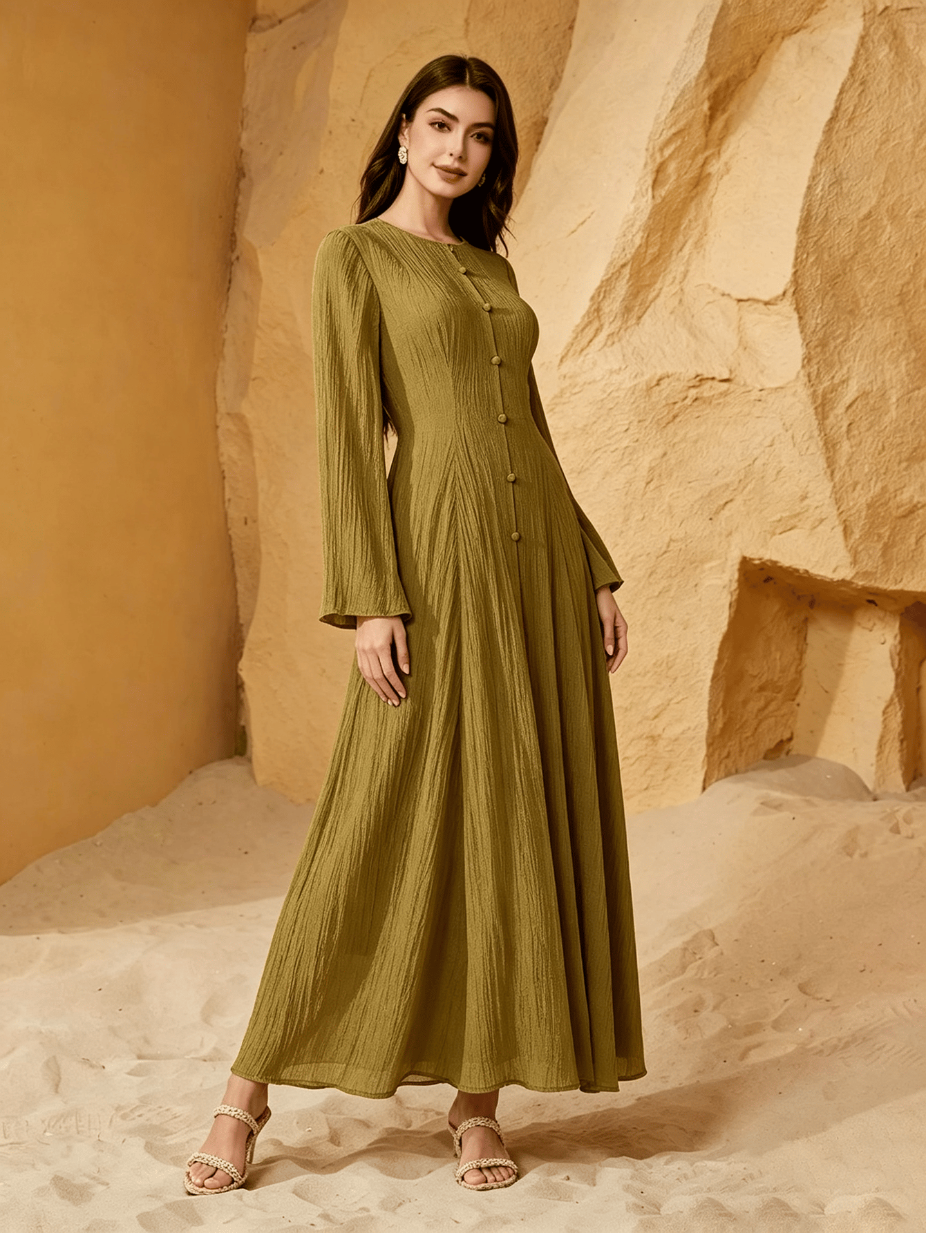 Olive Solid Textured Long Sleeve A-Line Maxi Dress