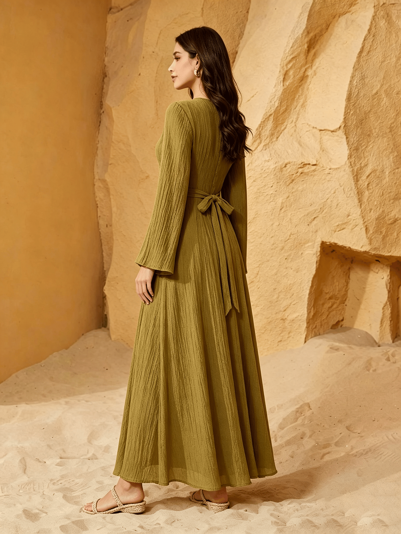 Olive Solid Textured Long Sleeve A-Line Maxi Dress