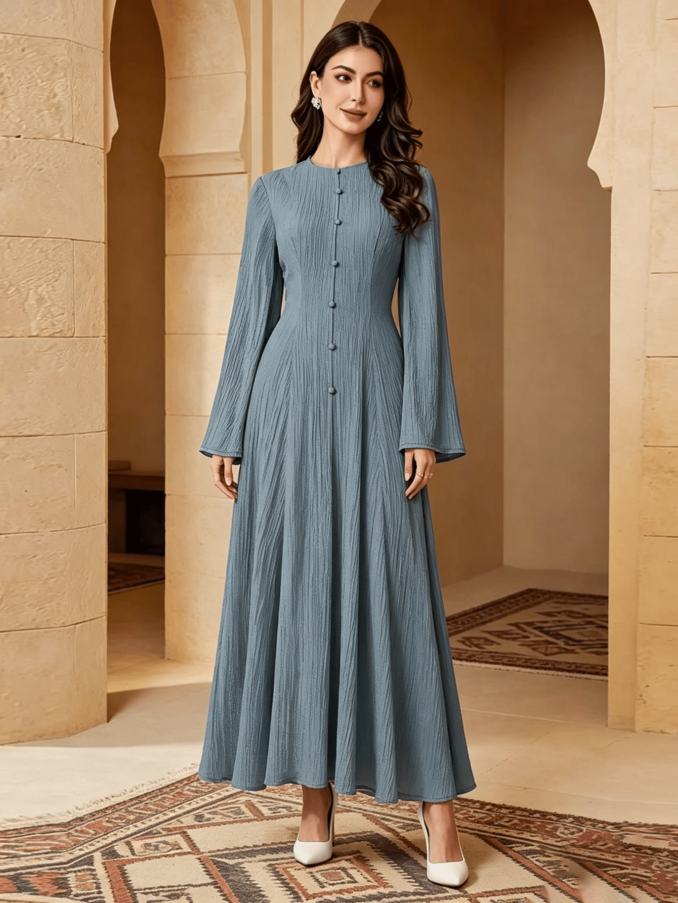 Blue Textured A-Line Maxi Dress with Long Sleeves