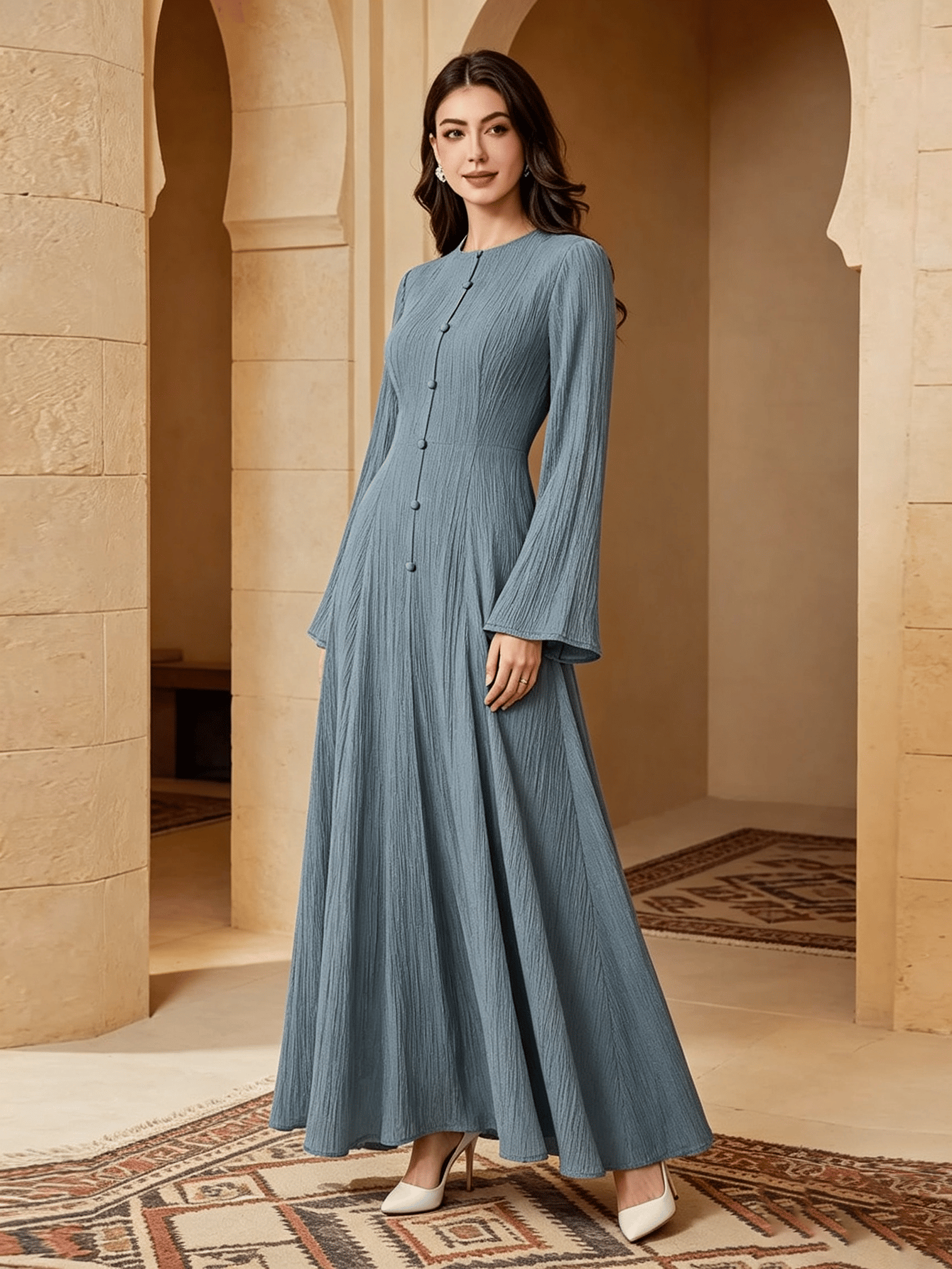 Blue Textured A-Line Maxi Dress with Long Sleeves