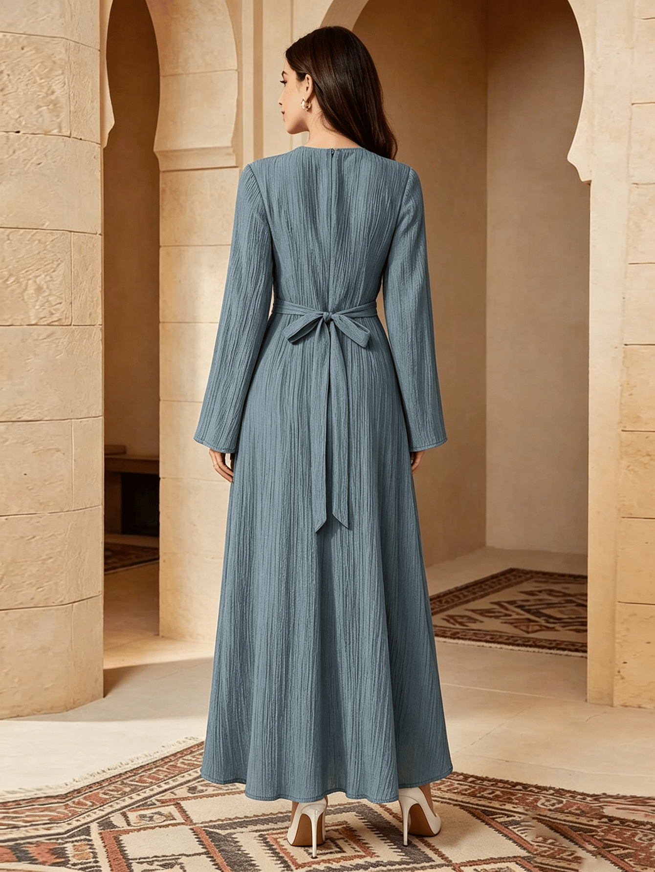 Blue Textured A-Line Maxi Dress with Long Sleeves