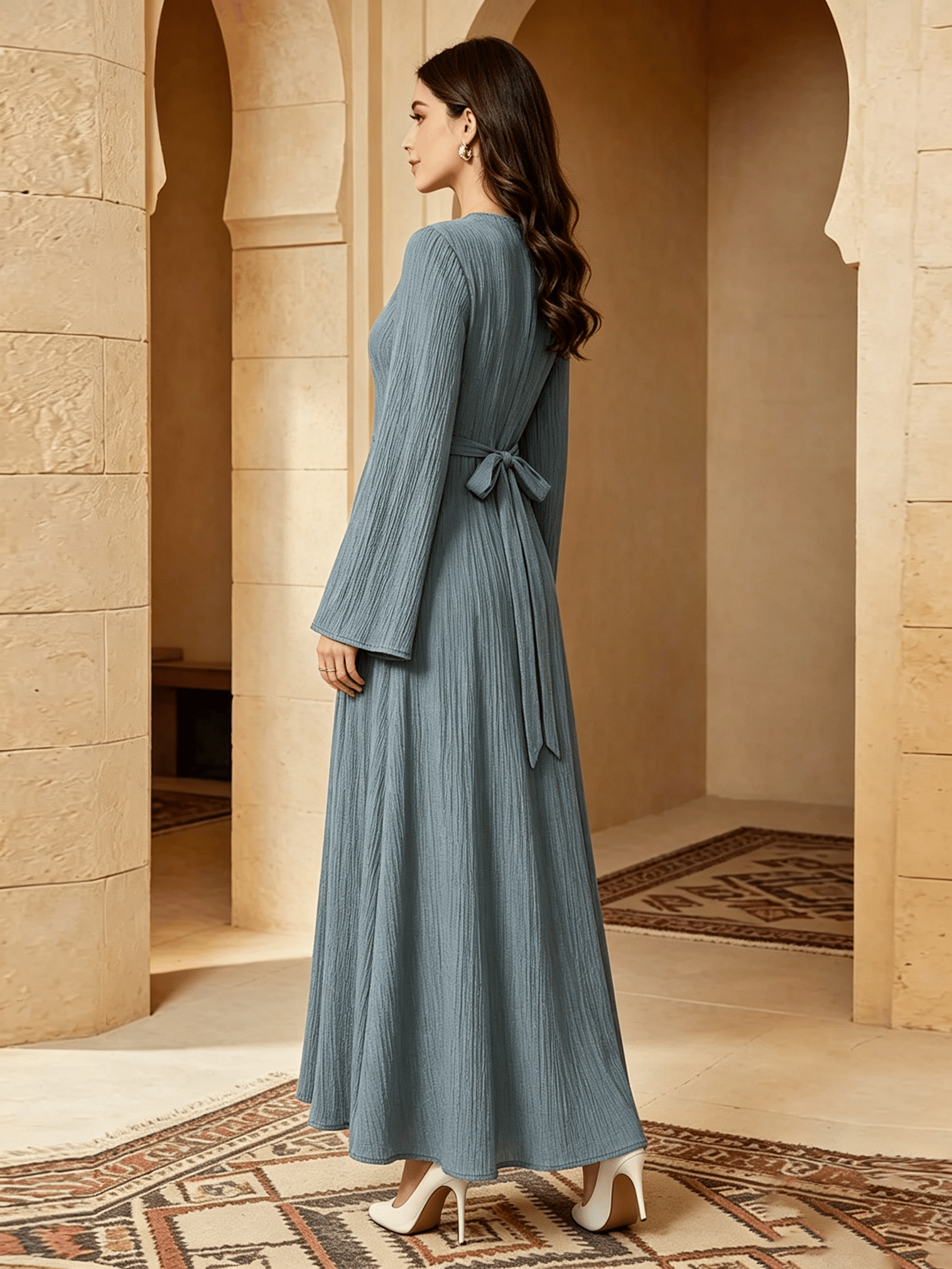 Blue Textured A-Line Maxi Dress with Long Sleeves