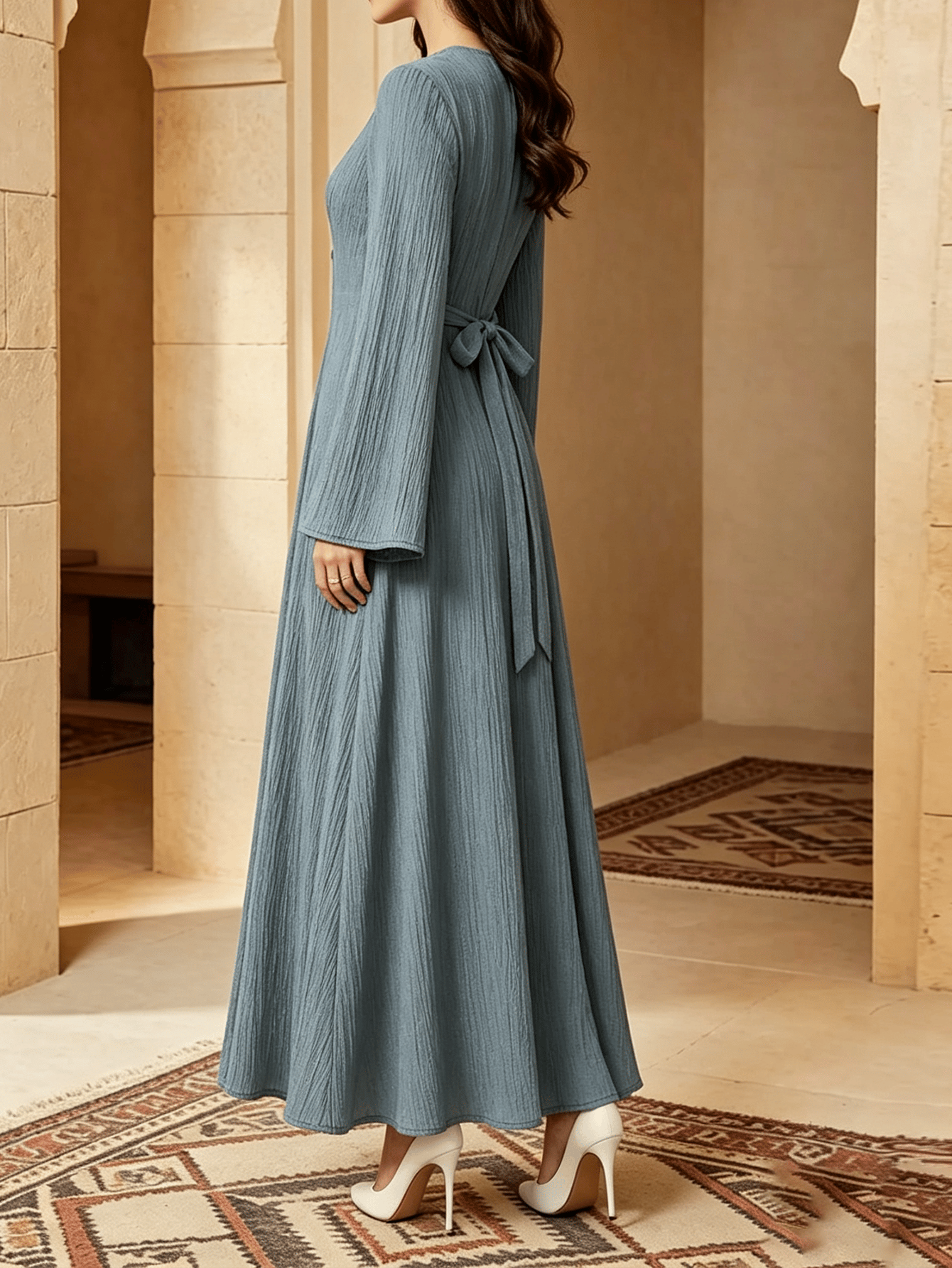 Blue Textured A-Line Maxi Dress with Long Sleeves