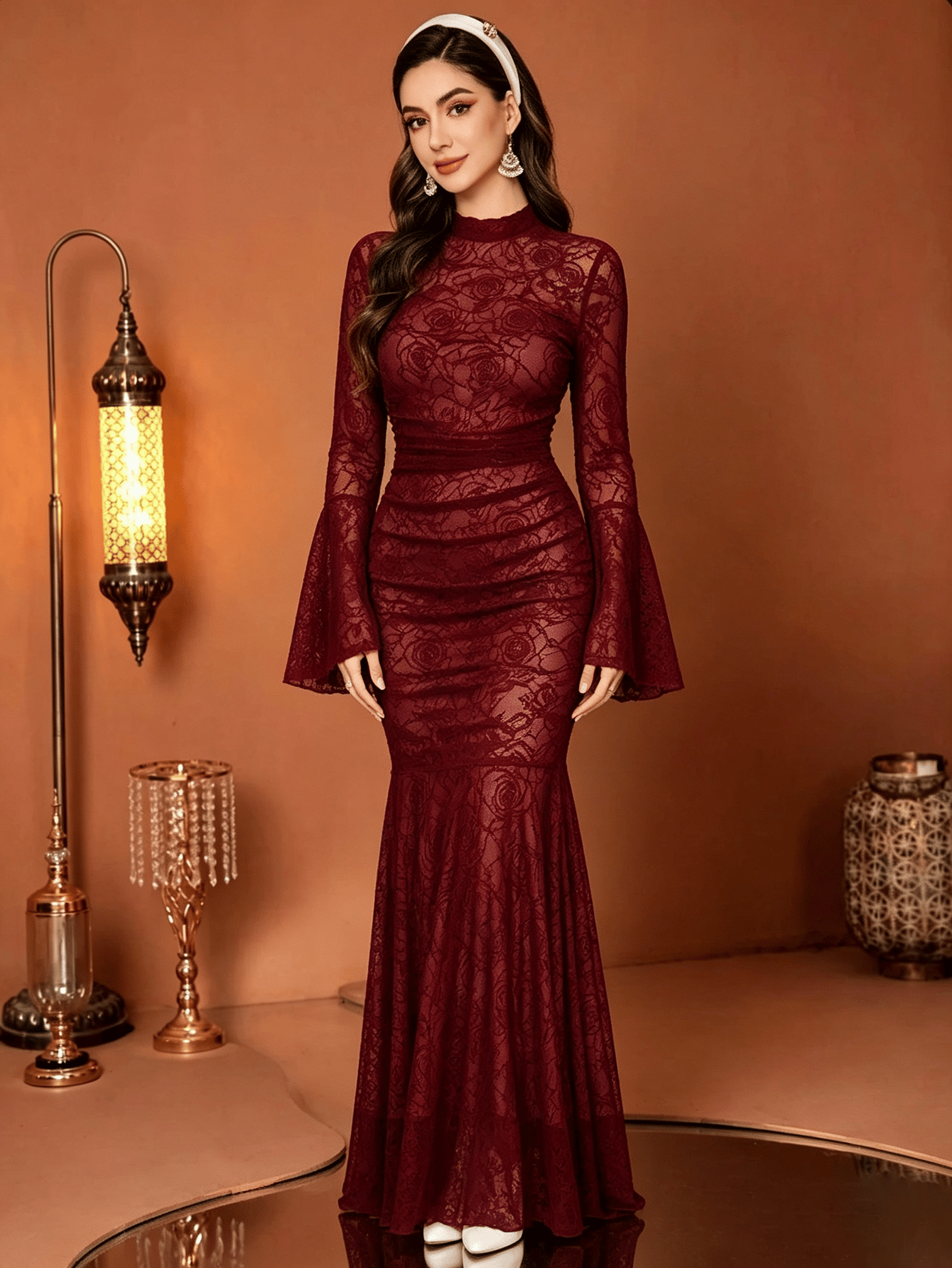 Burgundy Lace Mermaid Maxi Dress with Bell Sleeves