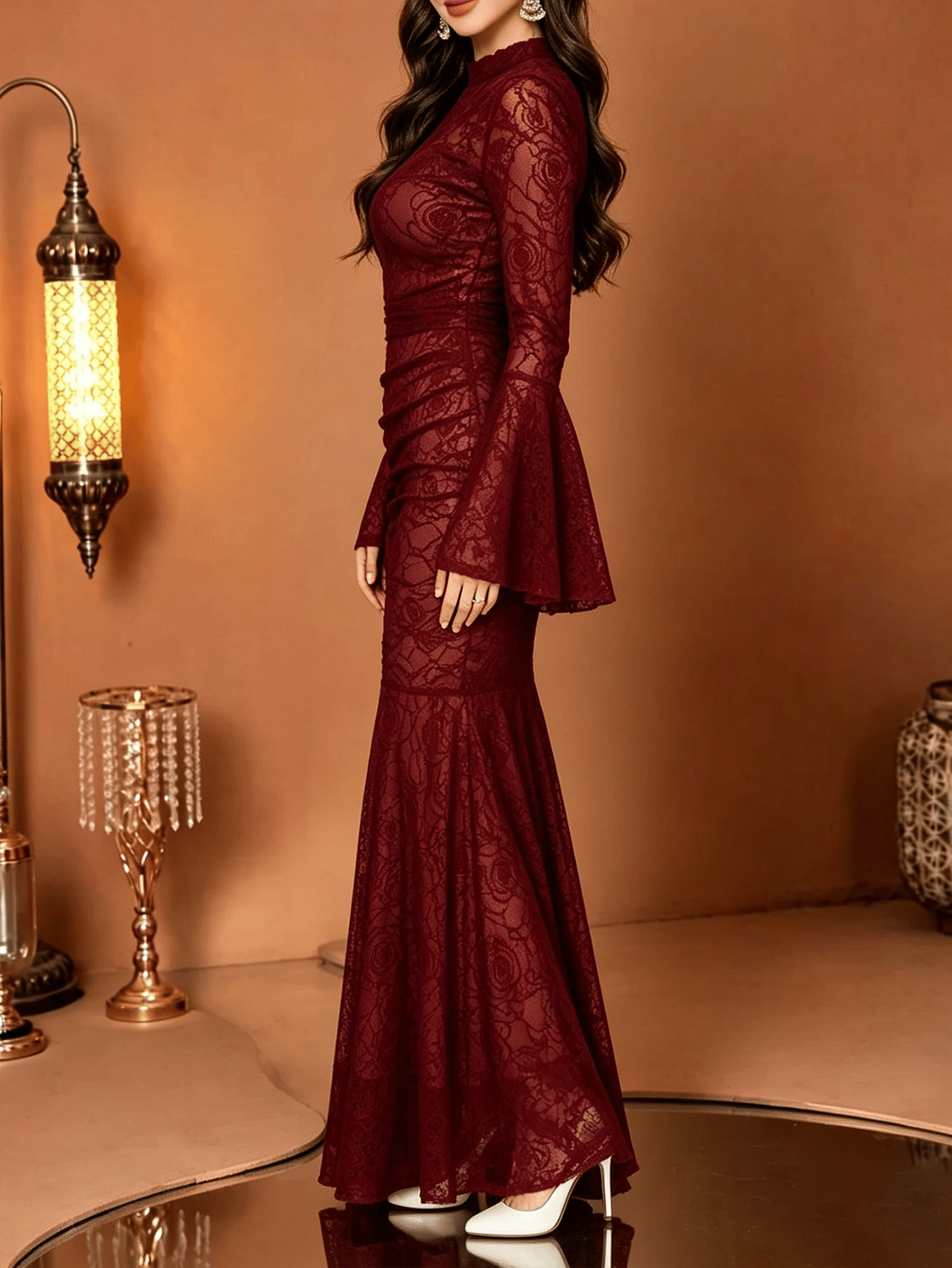 Burgundy Lace Mermaid Maxi Dress with Bell Sleeves