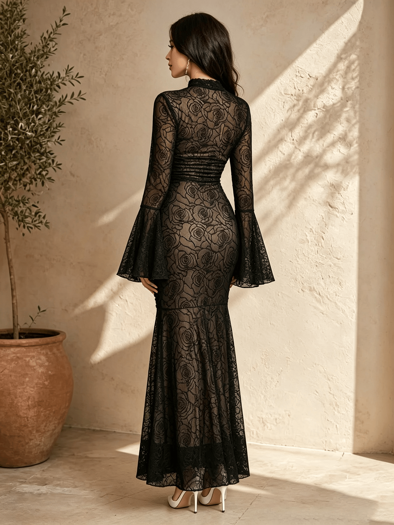 Black Rose Lace Maxi Dress with Bell Sleeves