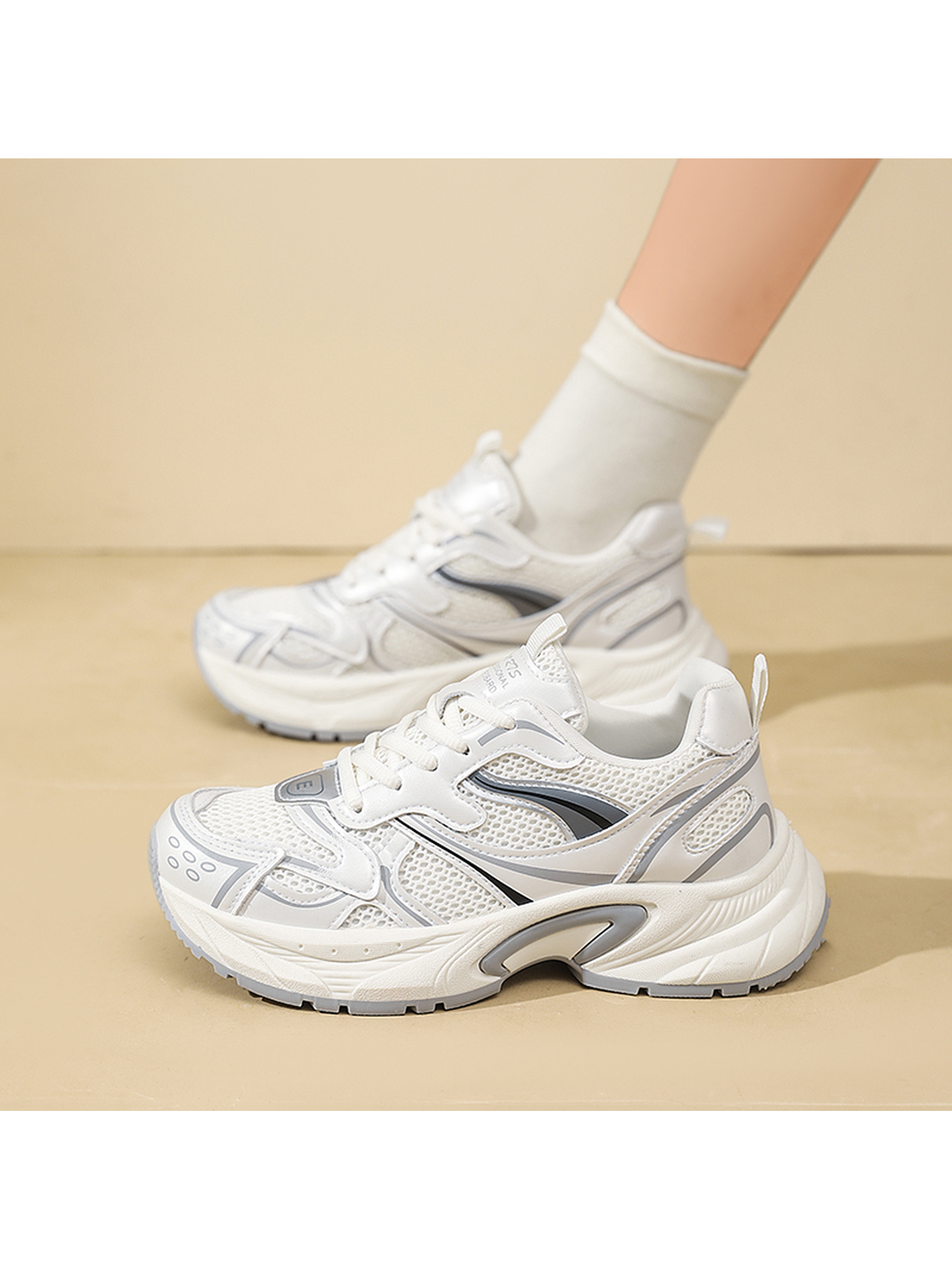White Textured Lace Ups Sneakers