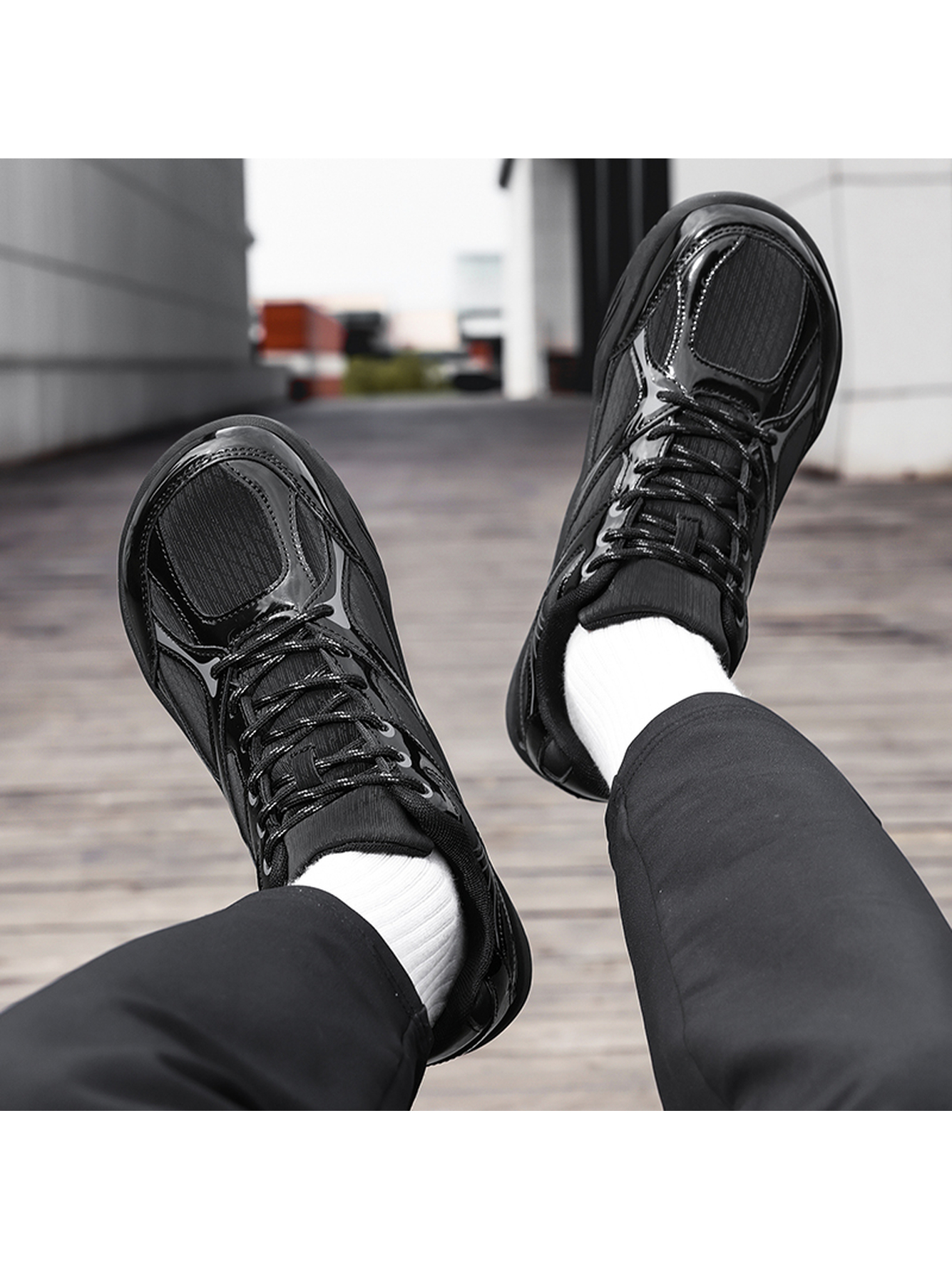 Black Plain Lace Ups Sports Shoes