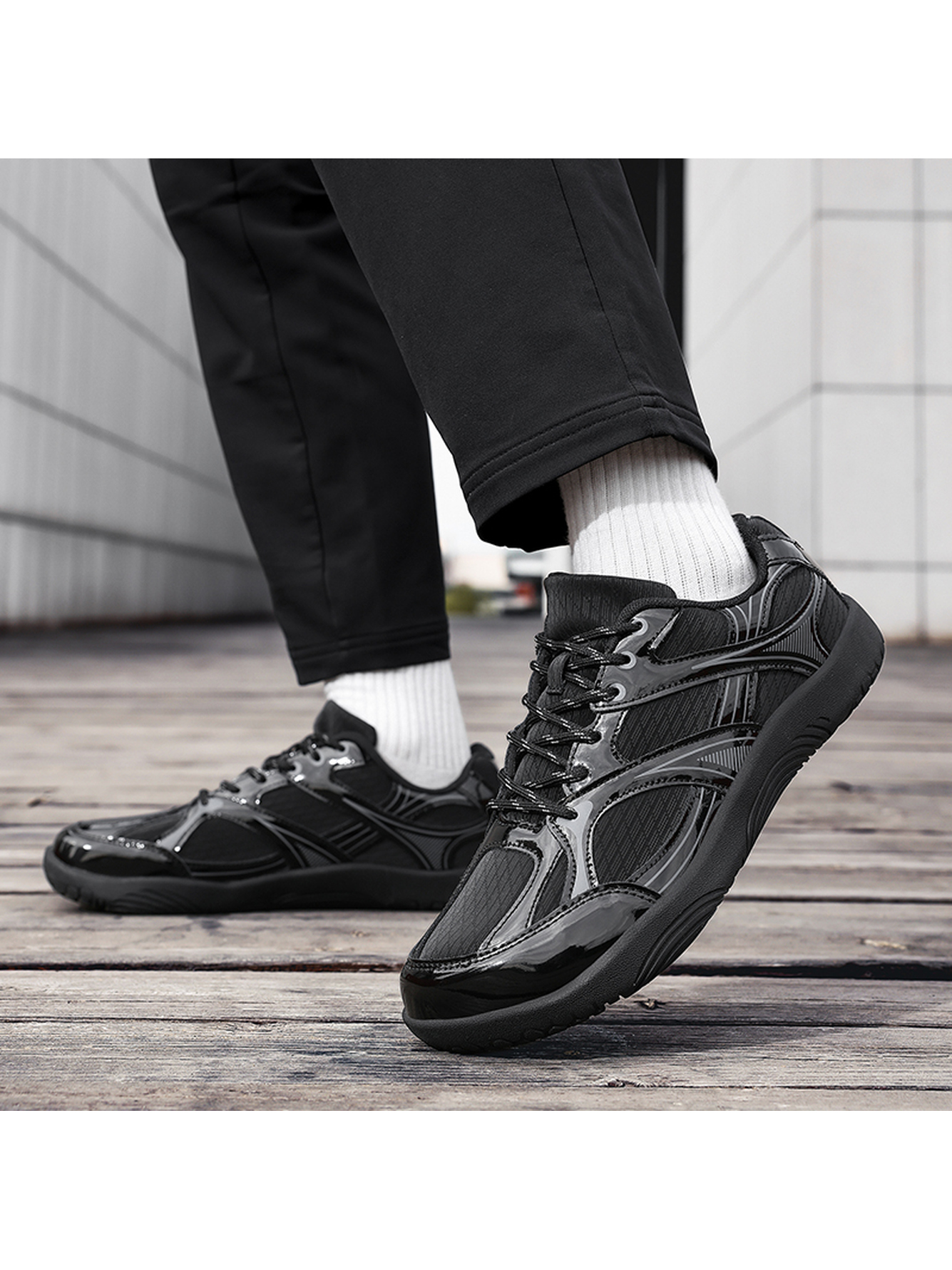 Black Plain Lace Ups Sports Shoes