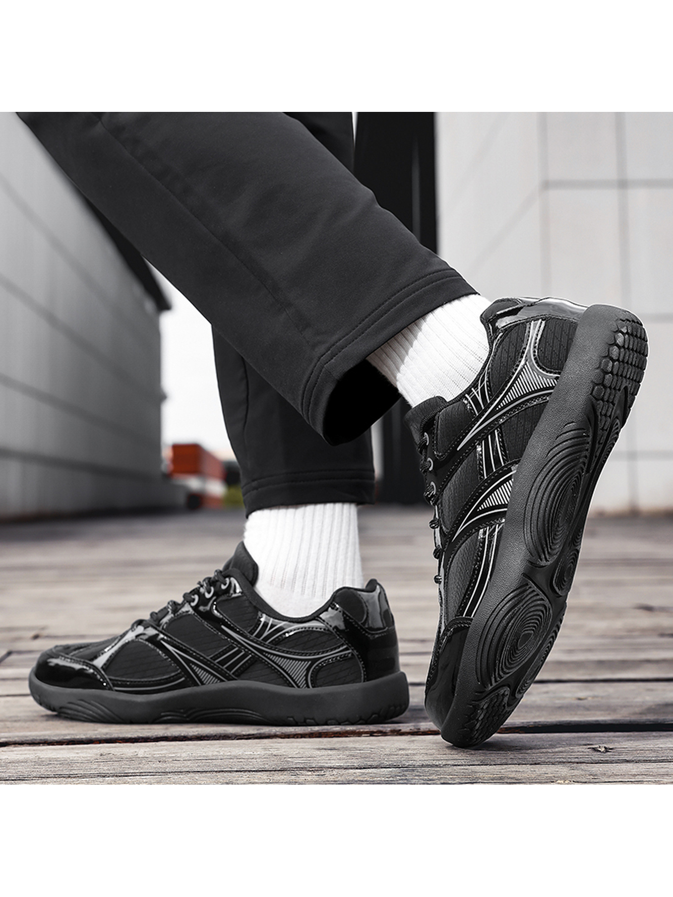 Black Plain Lace Ups Sports Shoes