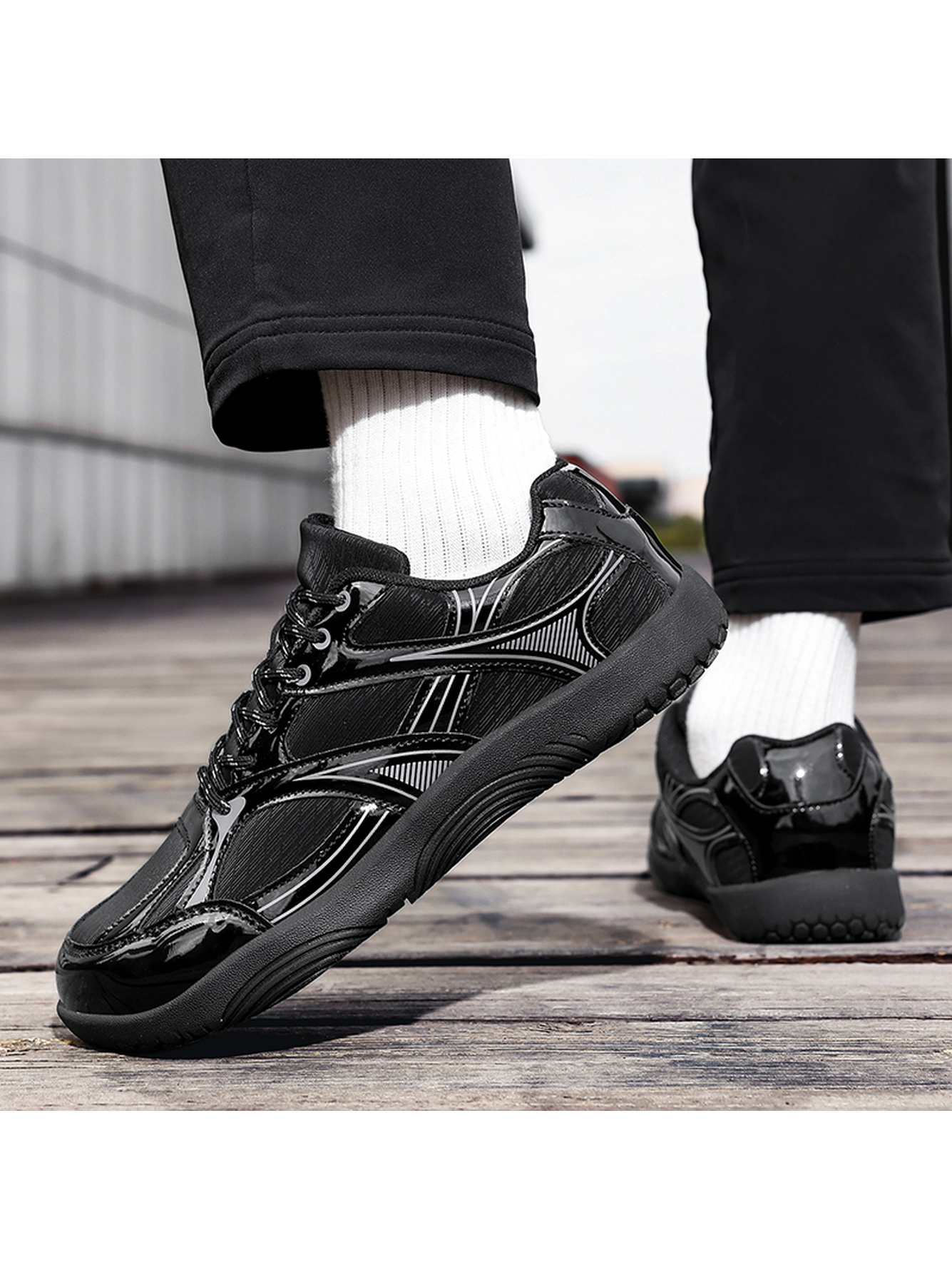 Black Plain Lace Ups Sports Shoes