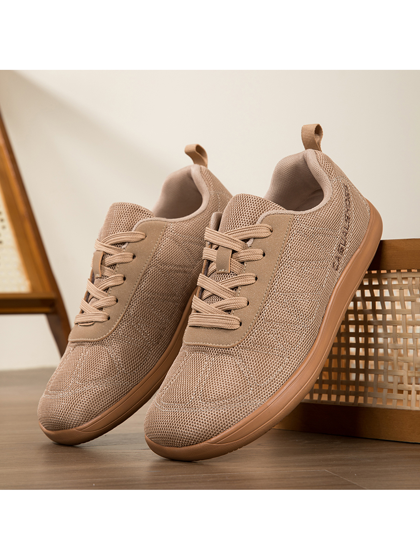 Beige Plain Lace Ups Sneakers