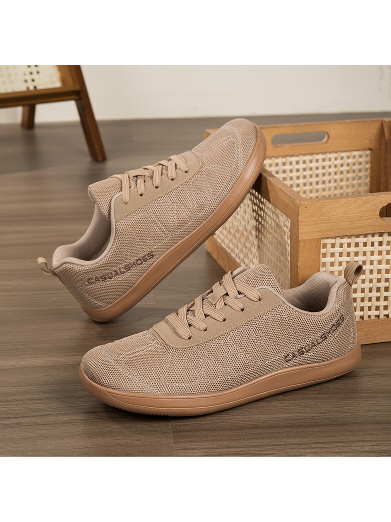 Beige Plain Lace Ups Sneakers