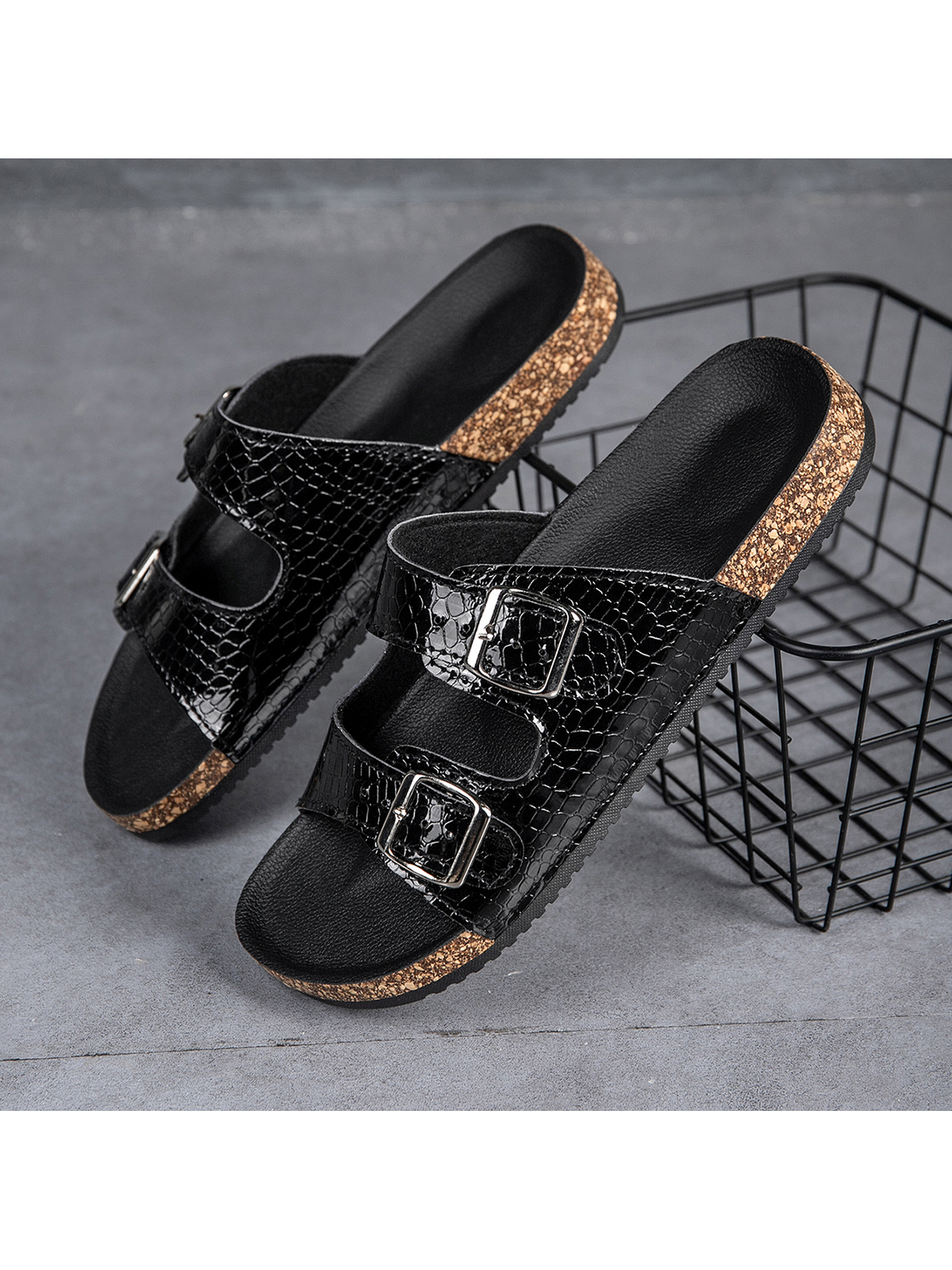 Black Plain Buckle Slides