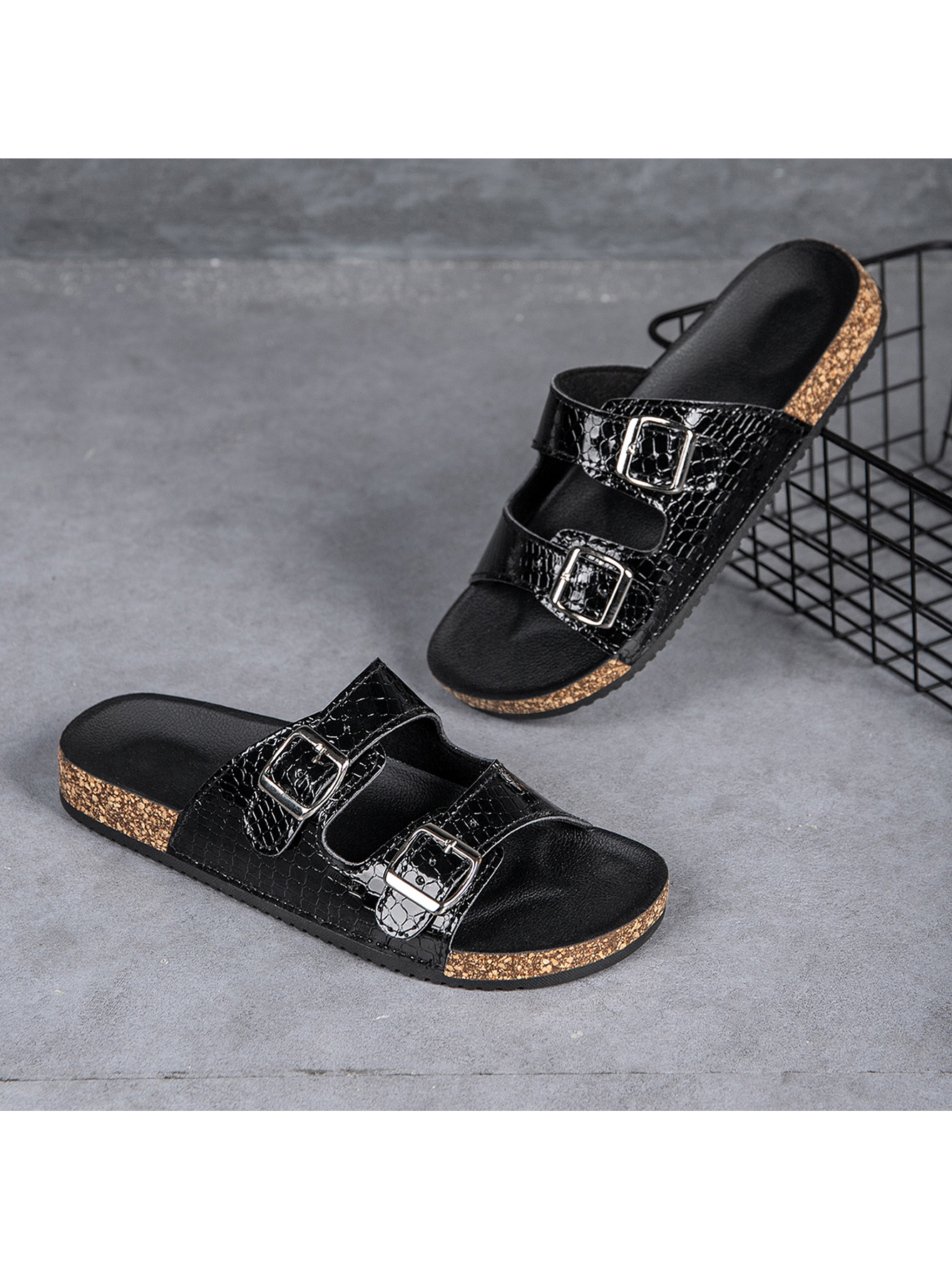Black Plain Buckle Slides