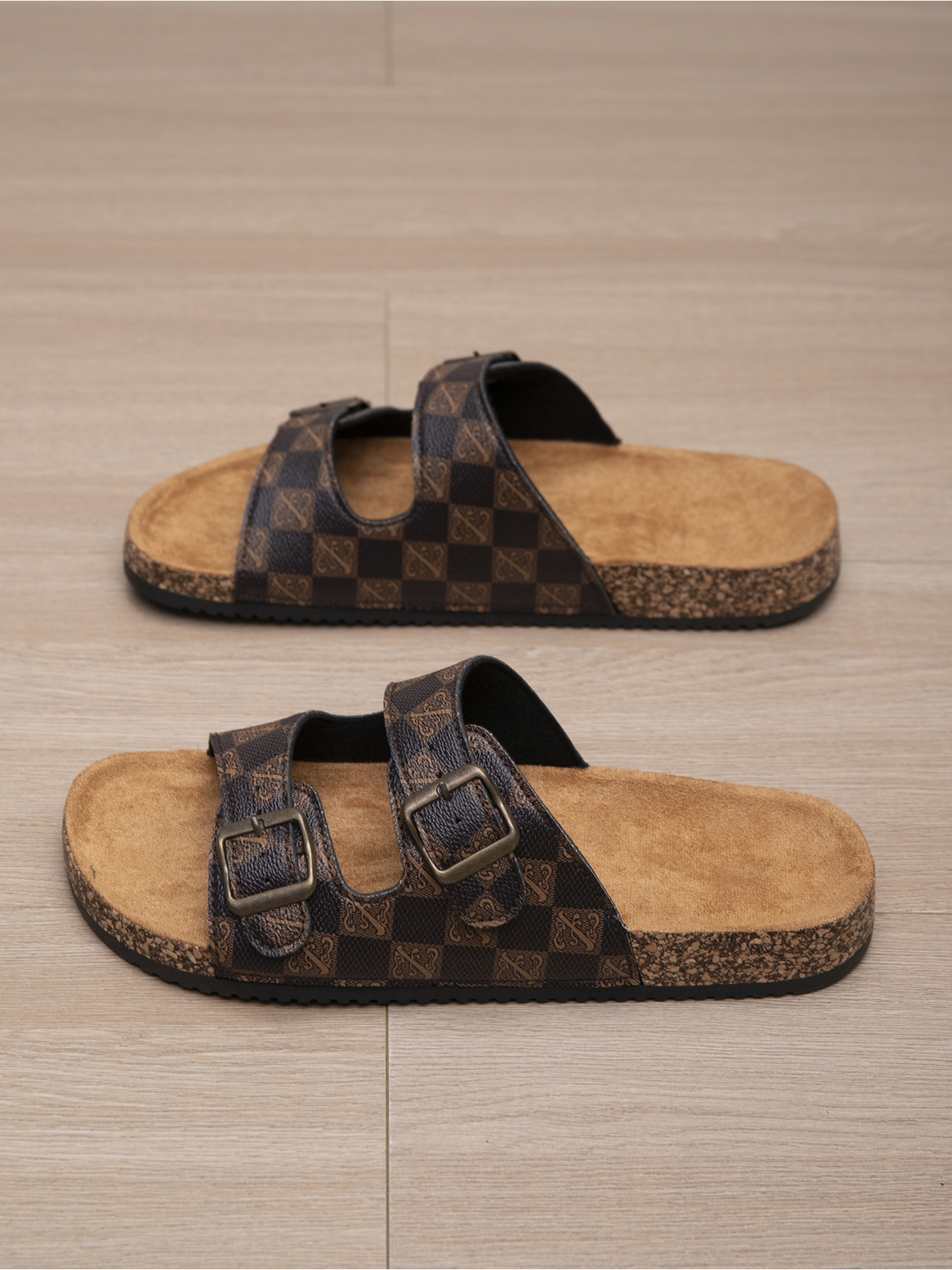 Mens Coffee Brown Casual Buckle Slides