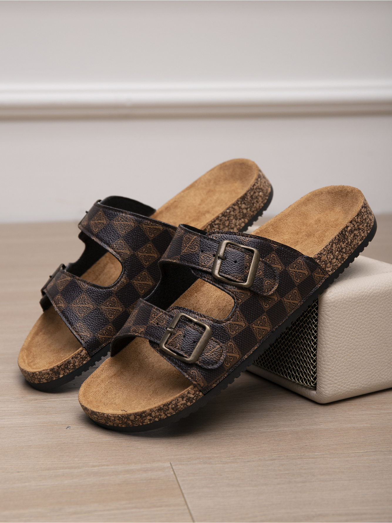 Mens Coffee Brown Casual Buckle Slides