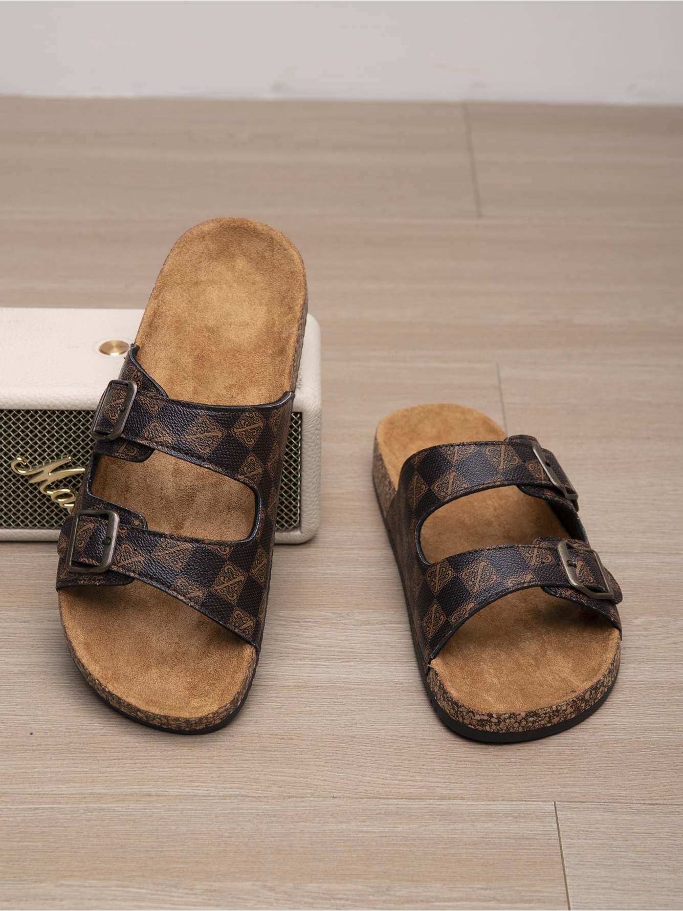 Mens Coffee Brown Casual Buckle Slides