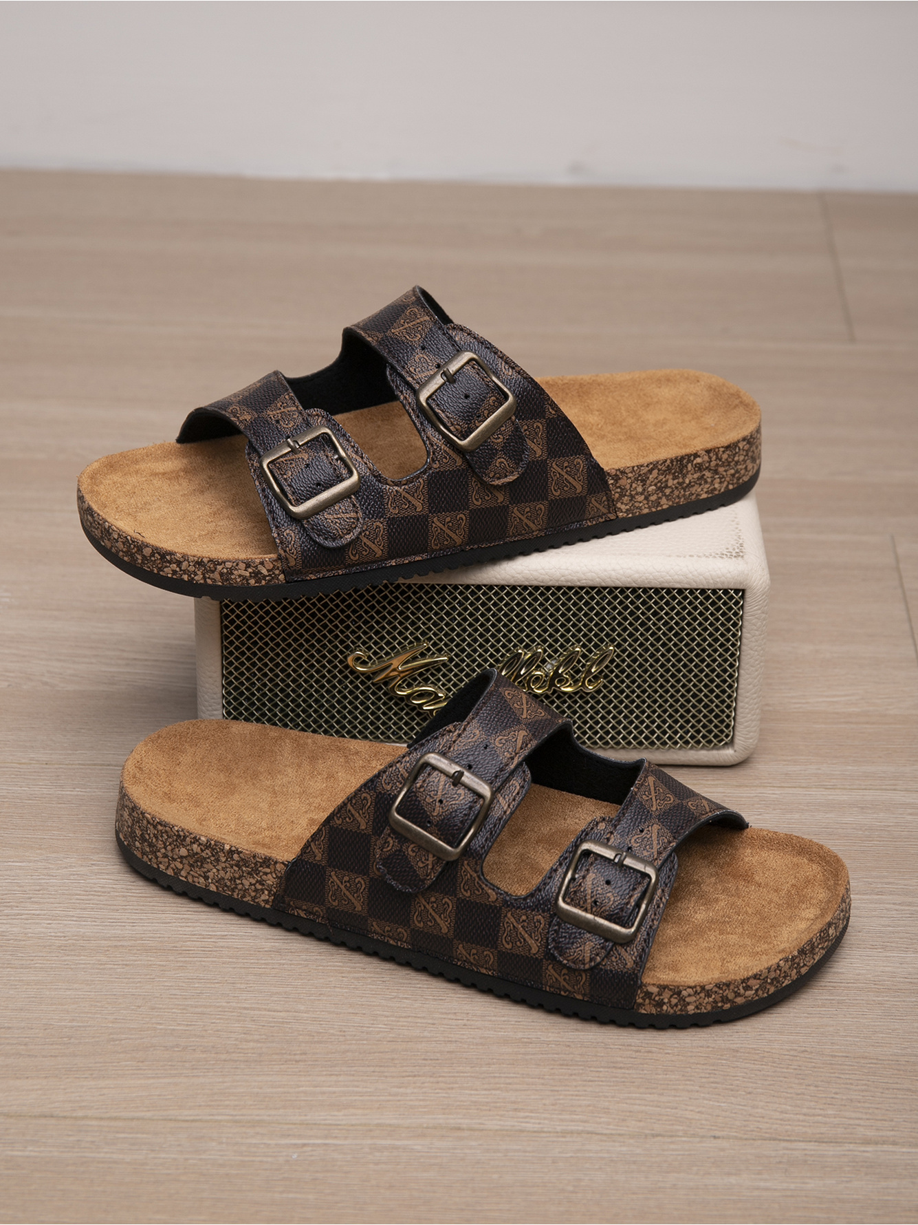 Mens Coffee Brown Casual Buckle Slides