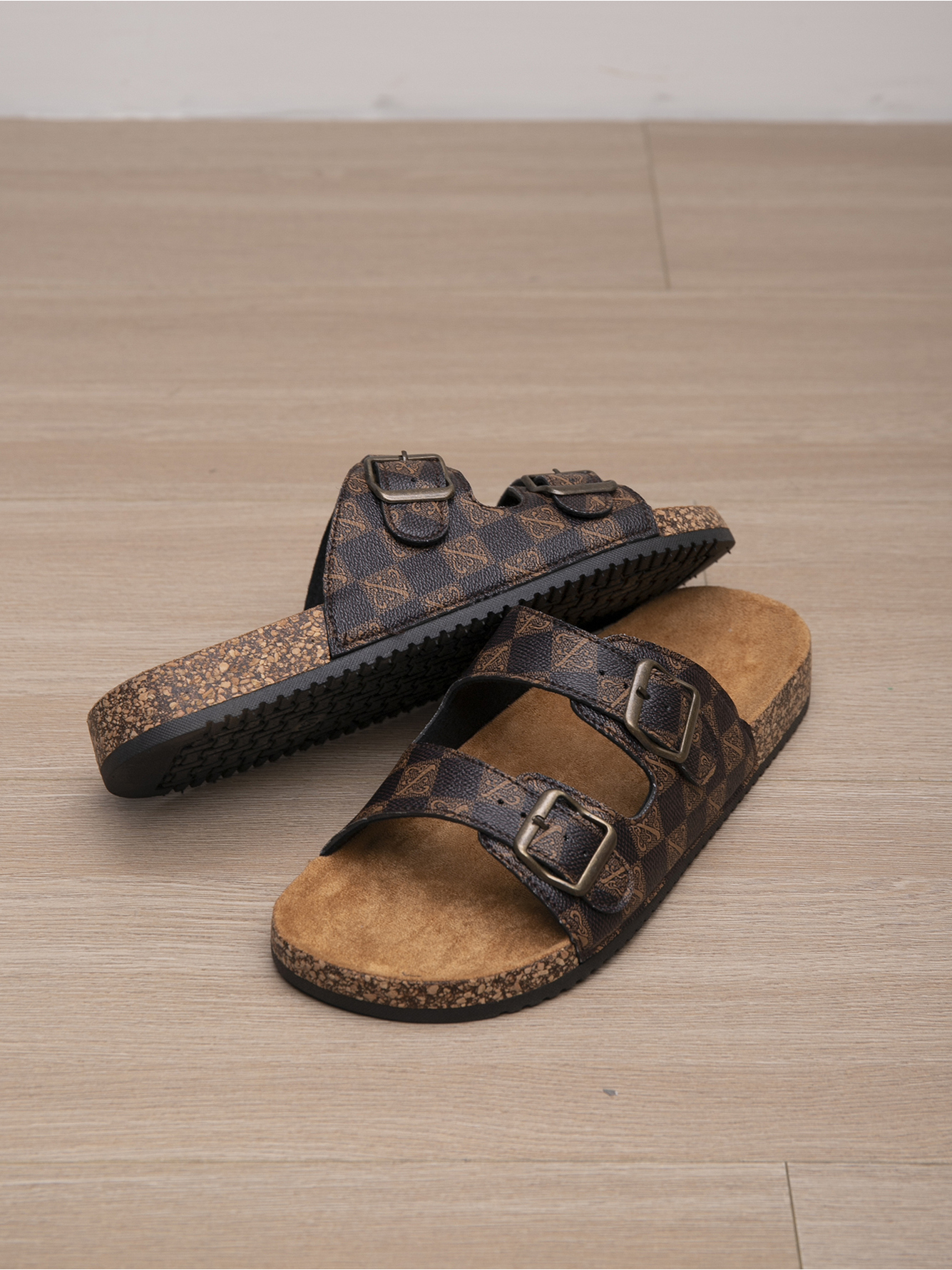 Mens Coffee Brown Casual Buckle Slides