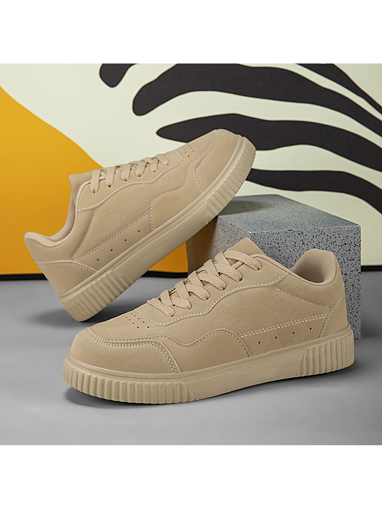 Beige Plain Lace Ups Sneakers
