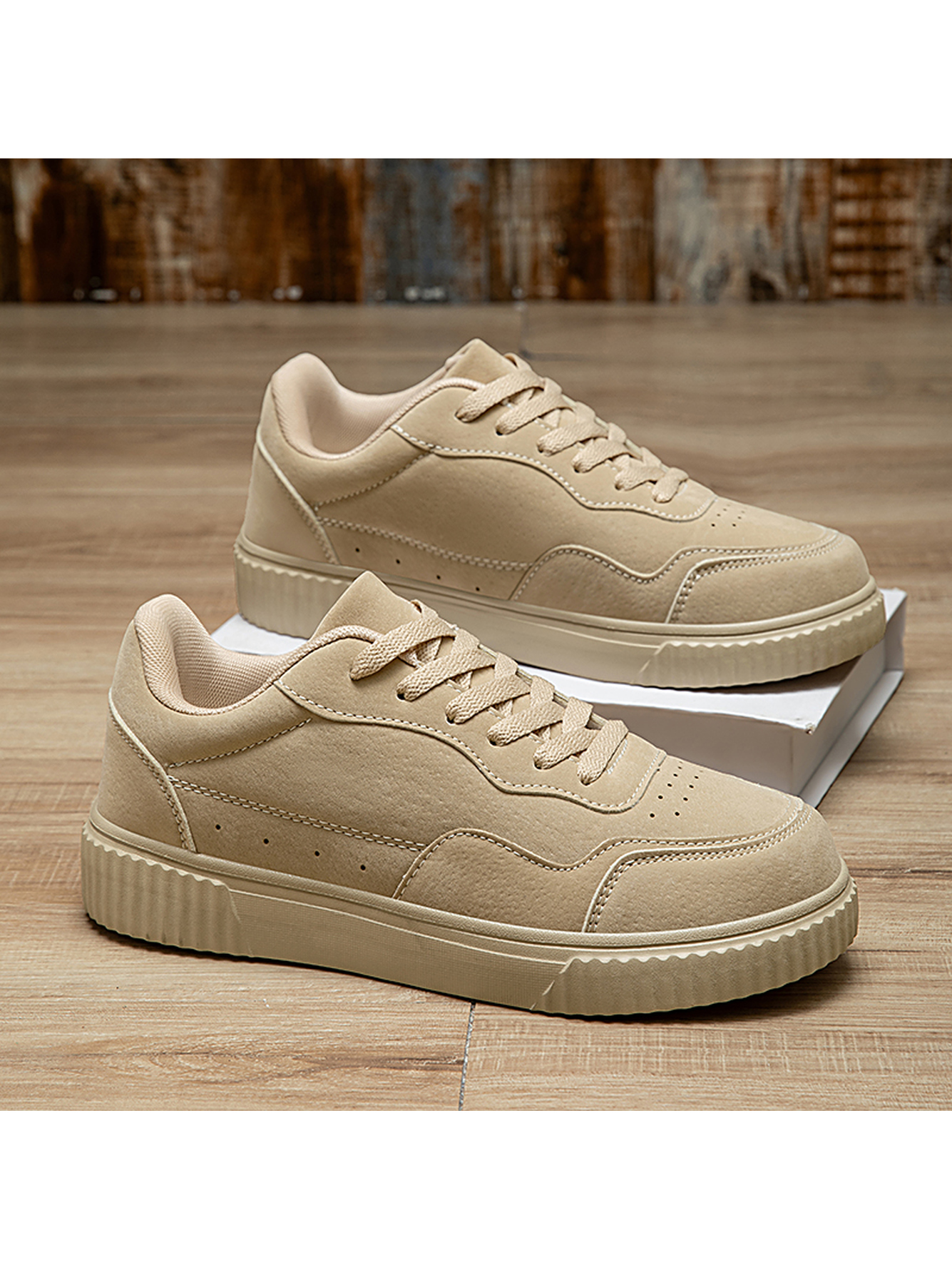 Beige Plain Lace Ups Sneakers