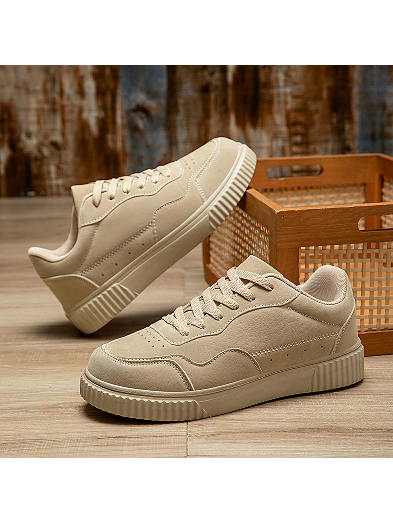Beige Plain Lace Ups Sneakers