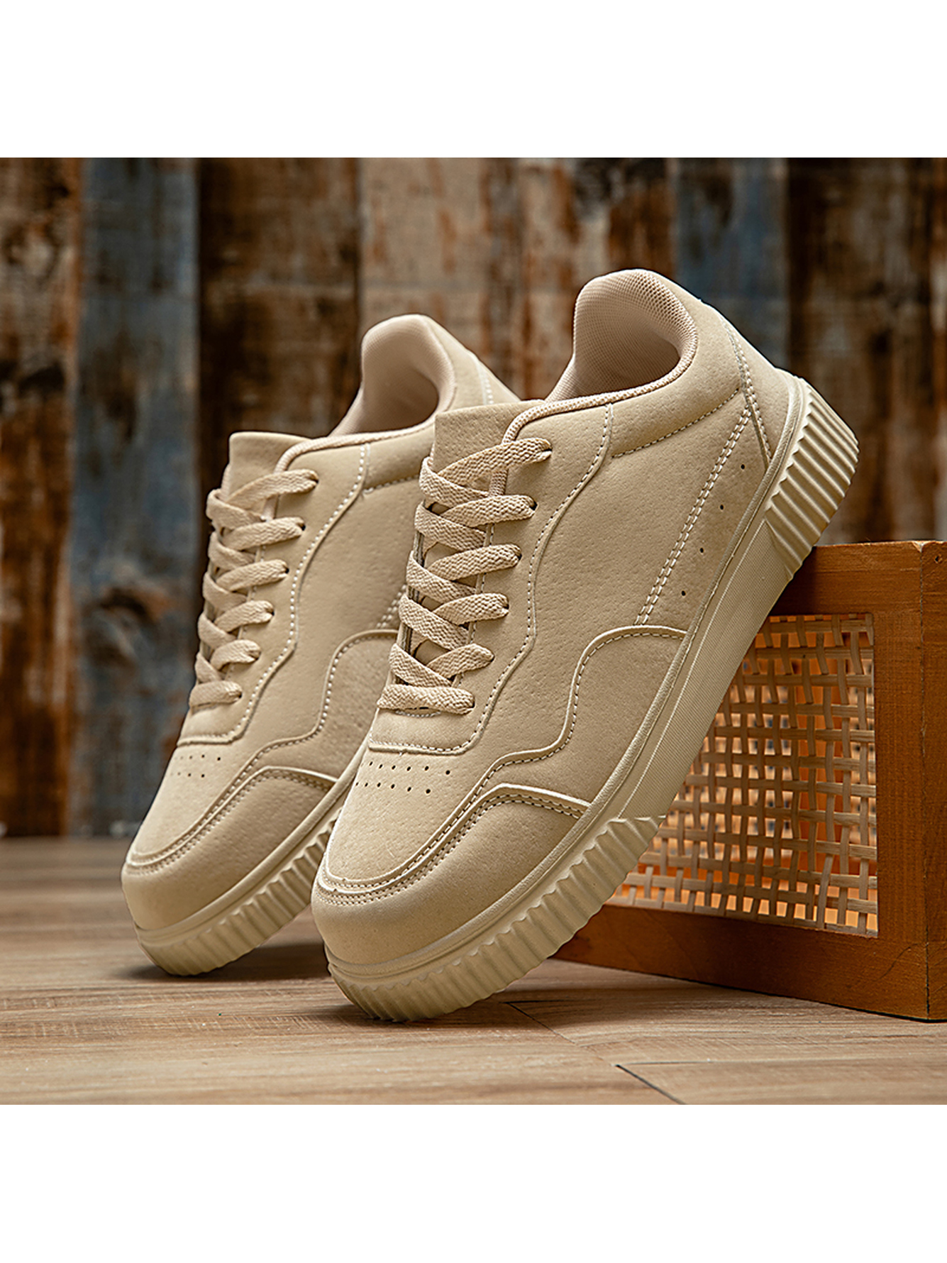 Beige Plain Lace Ups Sneakers