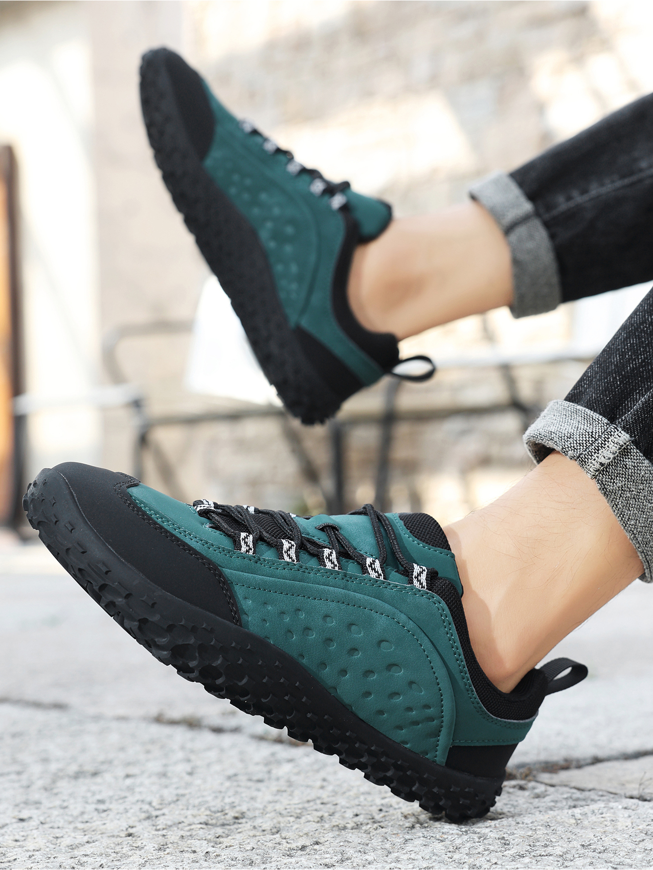 Green Plain Lace Ups Sneakers