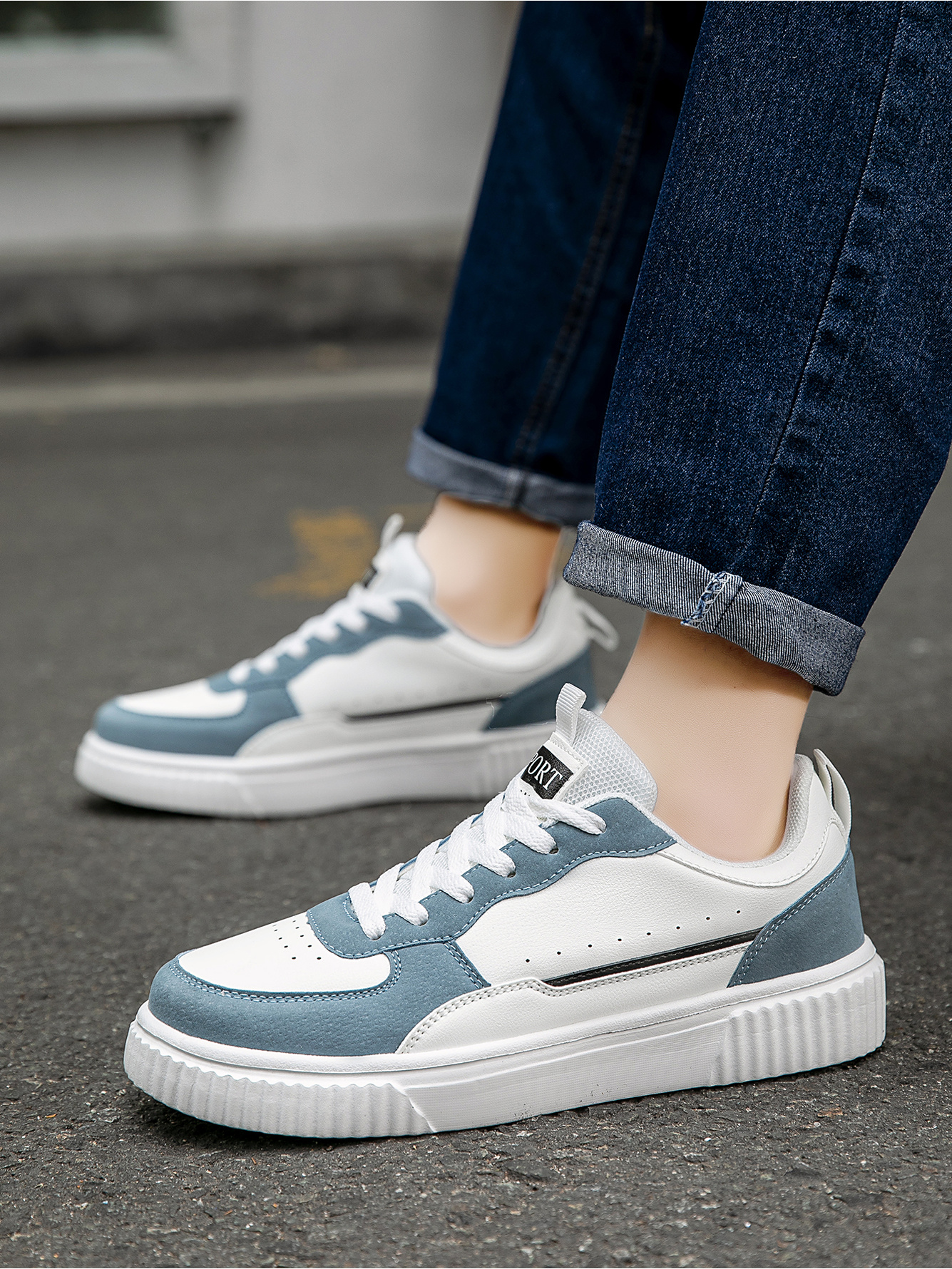 Blue Plain Lace Ups Sneakers
