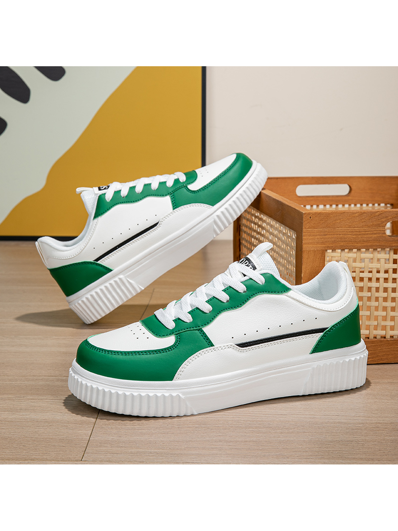 Green Plain Lace Ups Sneakers