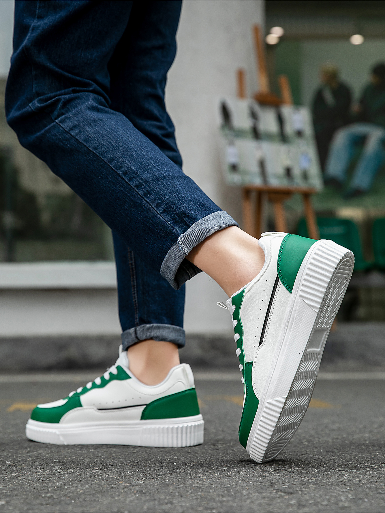 Green Plain Lace Ups Sneakers