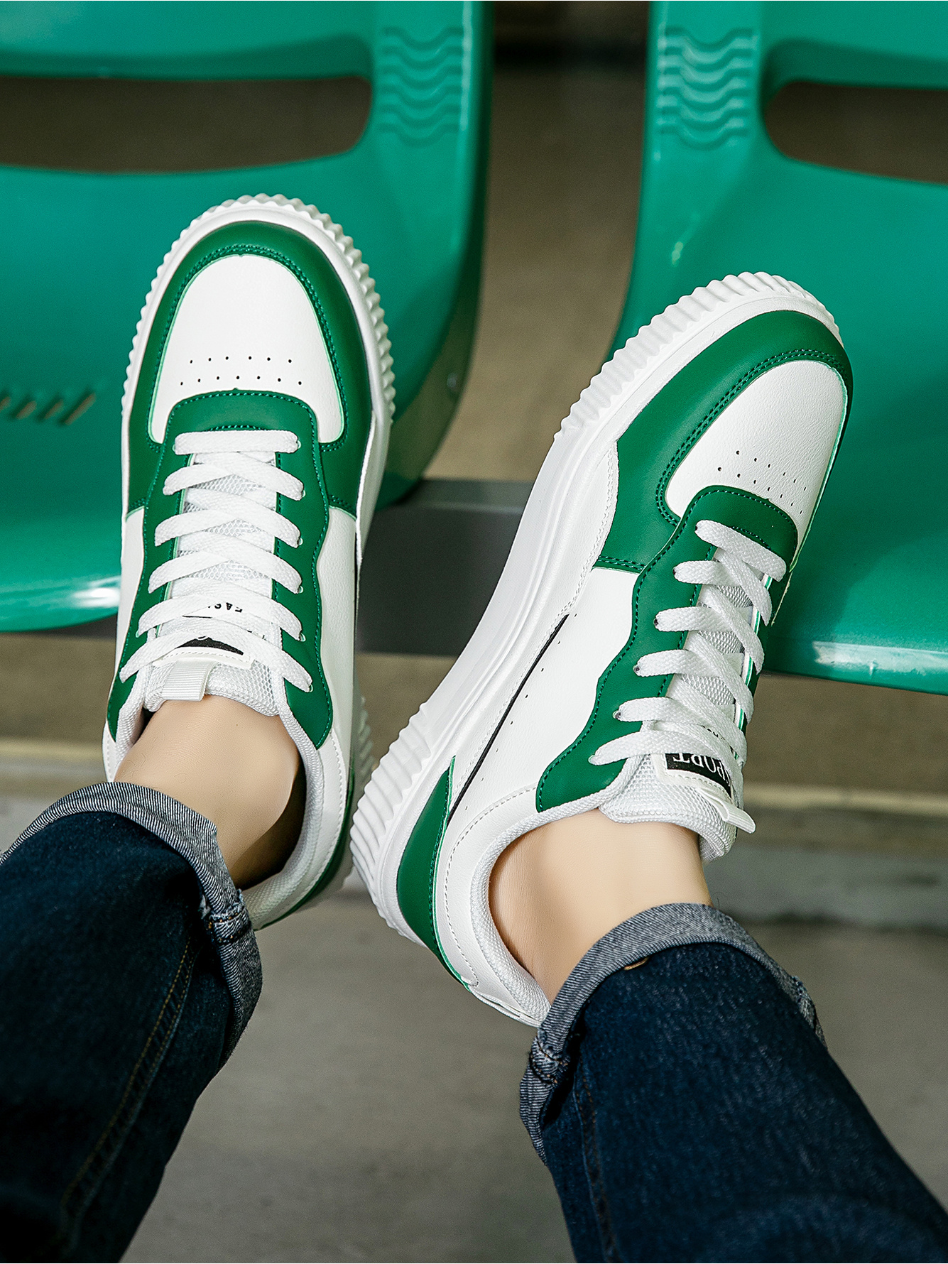 Green Plain Lace Ups Sneakers
