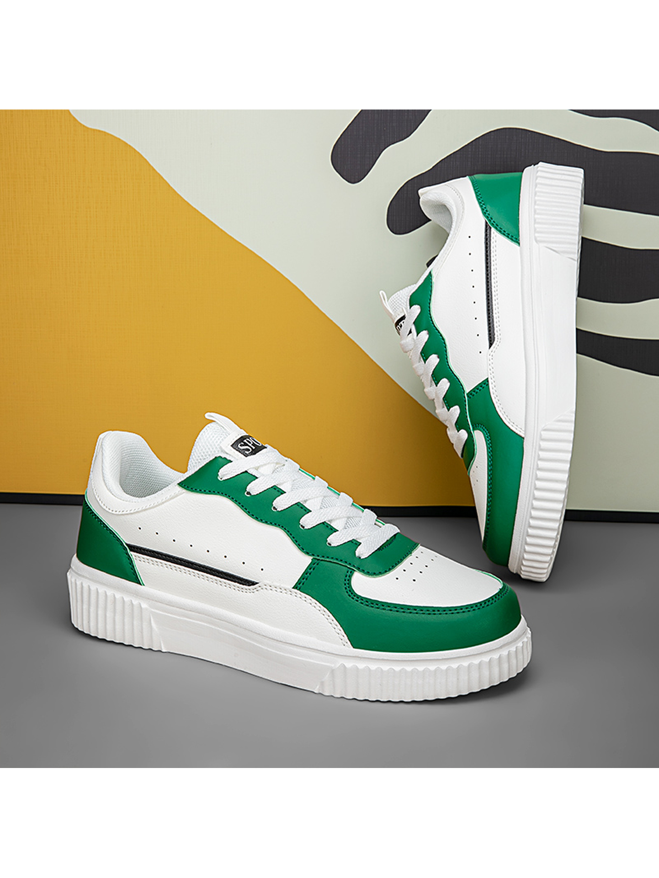 Green Plain Lace Ups Sneakers