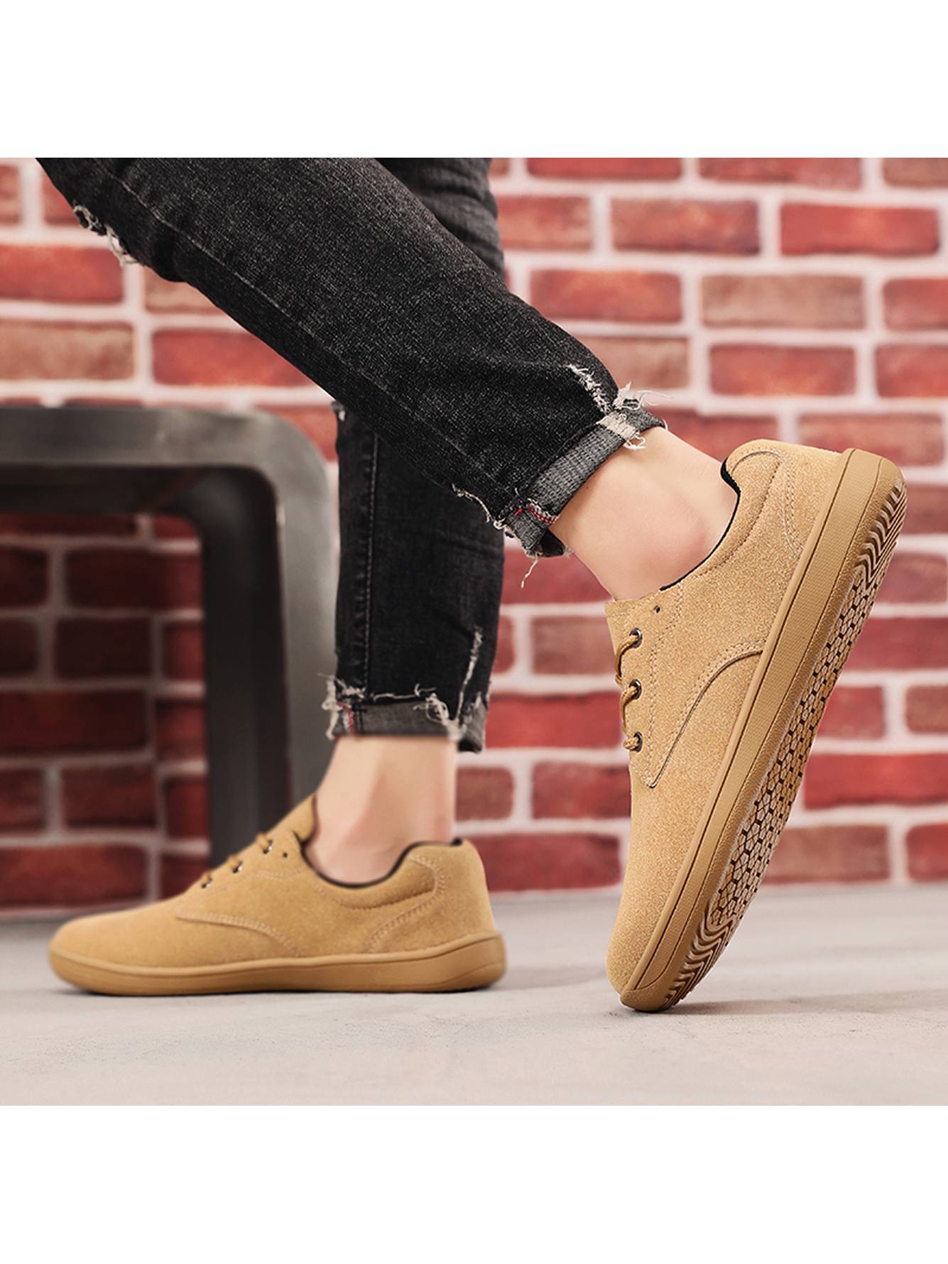 Mens Khaki Suede Lace-Up Casual Shoes