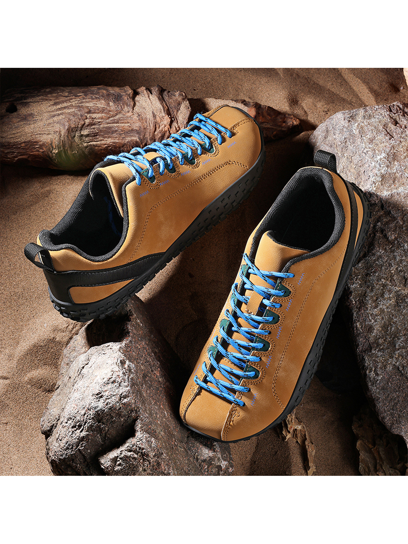 Mens Tan Casual Sneakers with Blue Laces