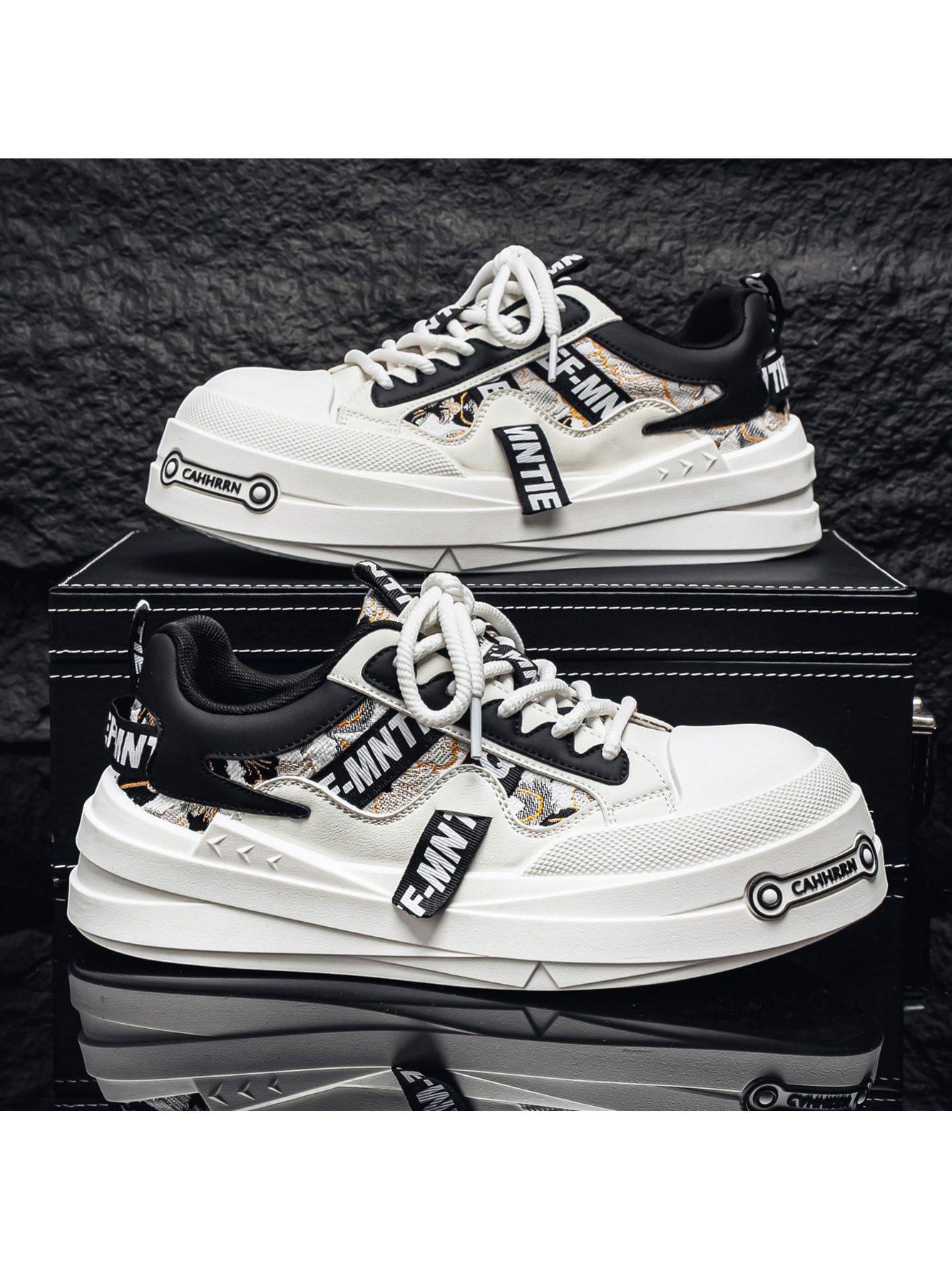 Mens Black and White Urban Casual Sneakers with Unique Print