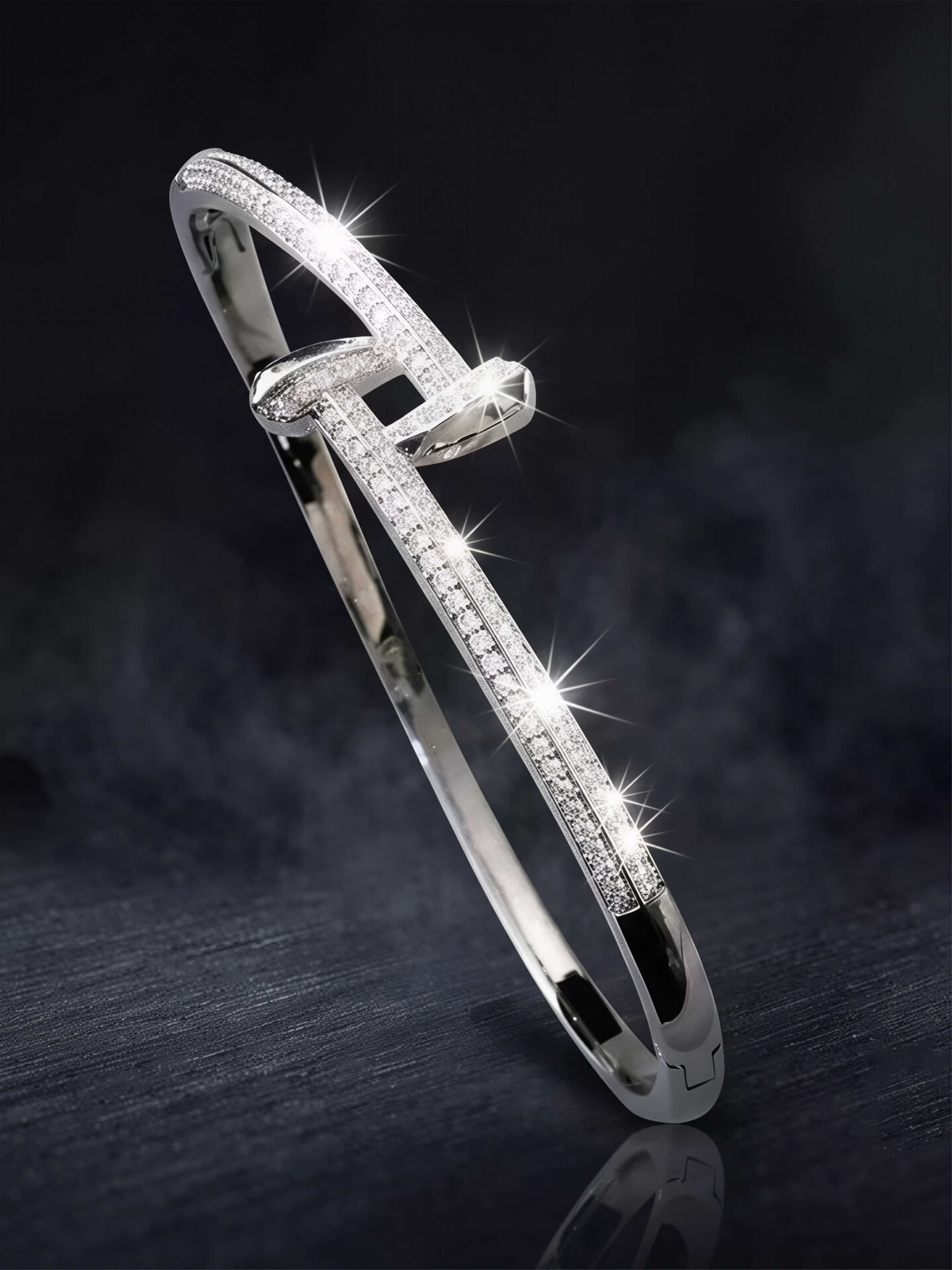 A silver stud-encrusted, ultra-shiny cubic zirconia womens bracelet, perfect for parties and dinners