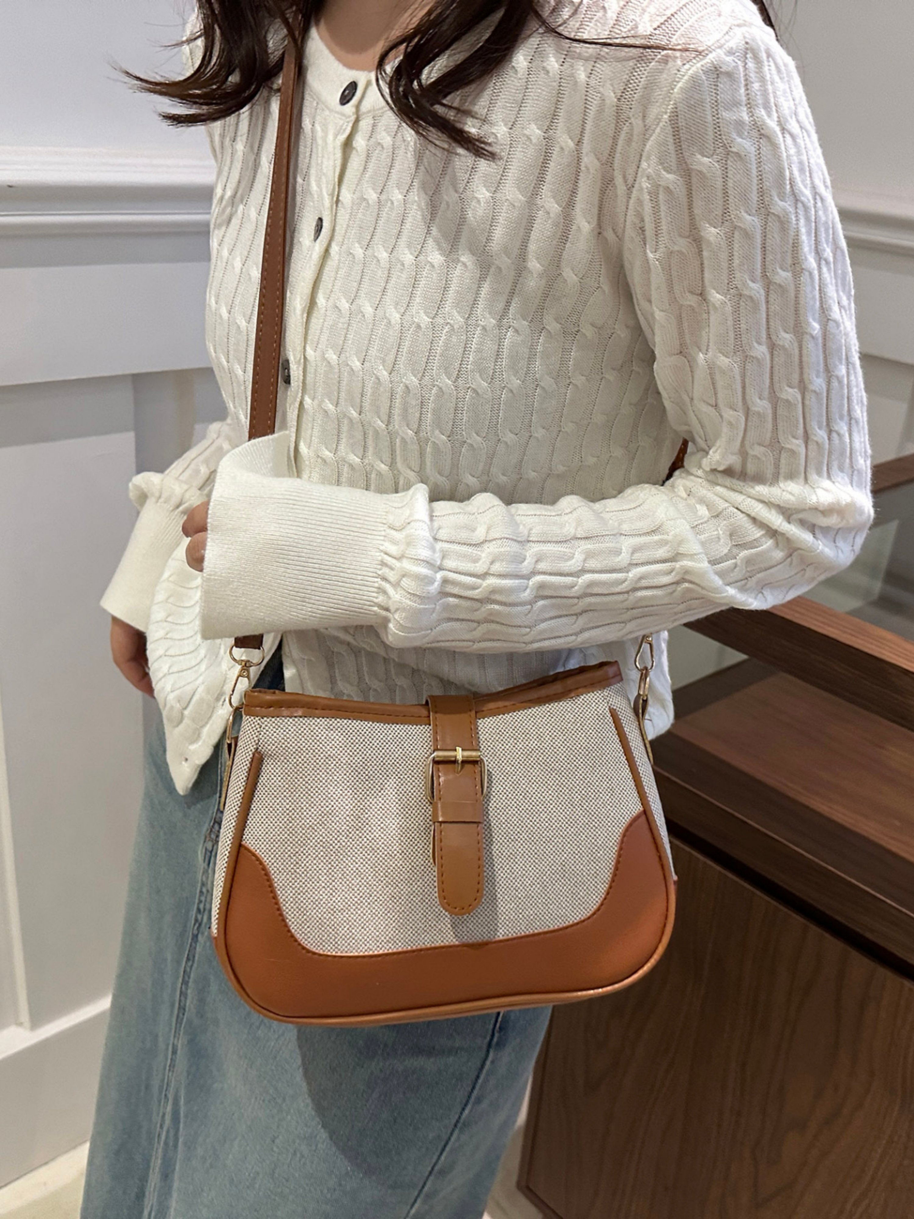Color-block Saddle Bag Women Crossbody Purse Lightweight Flap Shoulder Bag 24.5x16x6.5cm