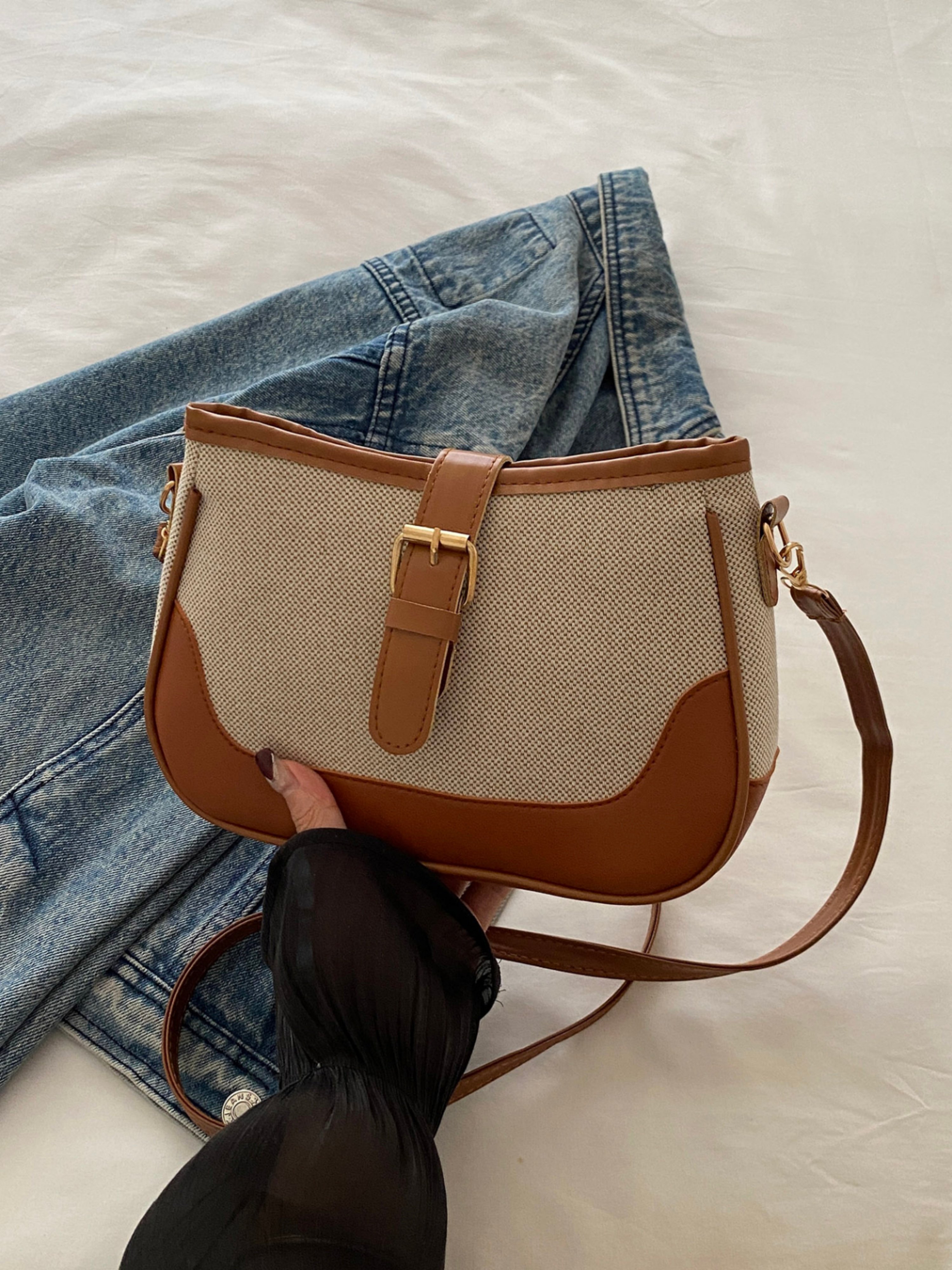 Color-block Saddle Bag Women Crossbody Purse Lightweight Flap Shoulder Bag 24.5x16x6.5cm