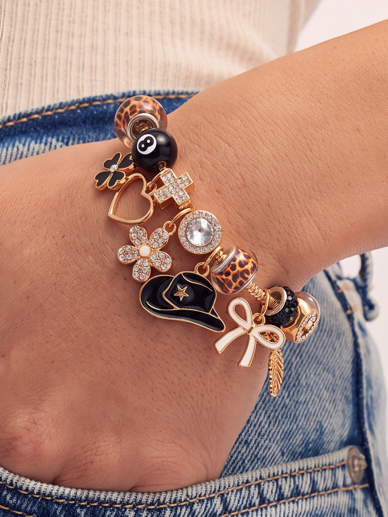 Gold Charm Bracelet with Leopard Print and Western Accents