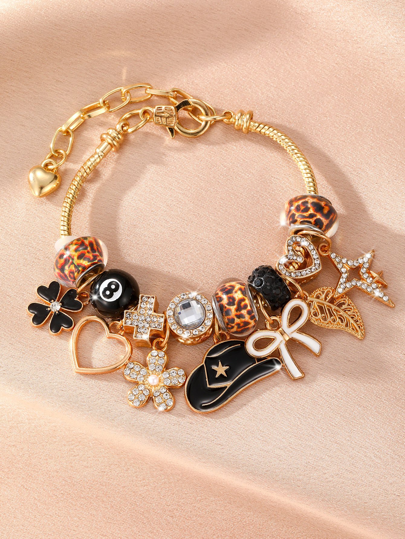Gold Charm Bracelet with Leopard Print and Western Accents